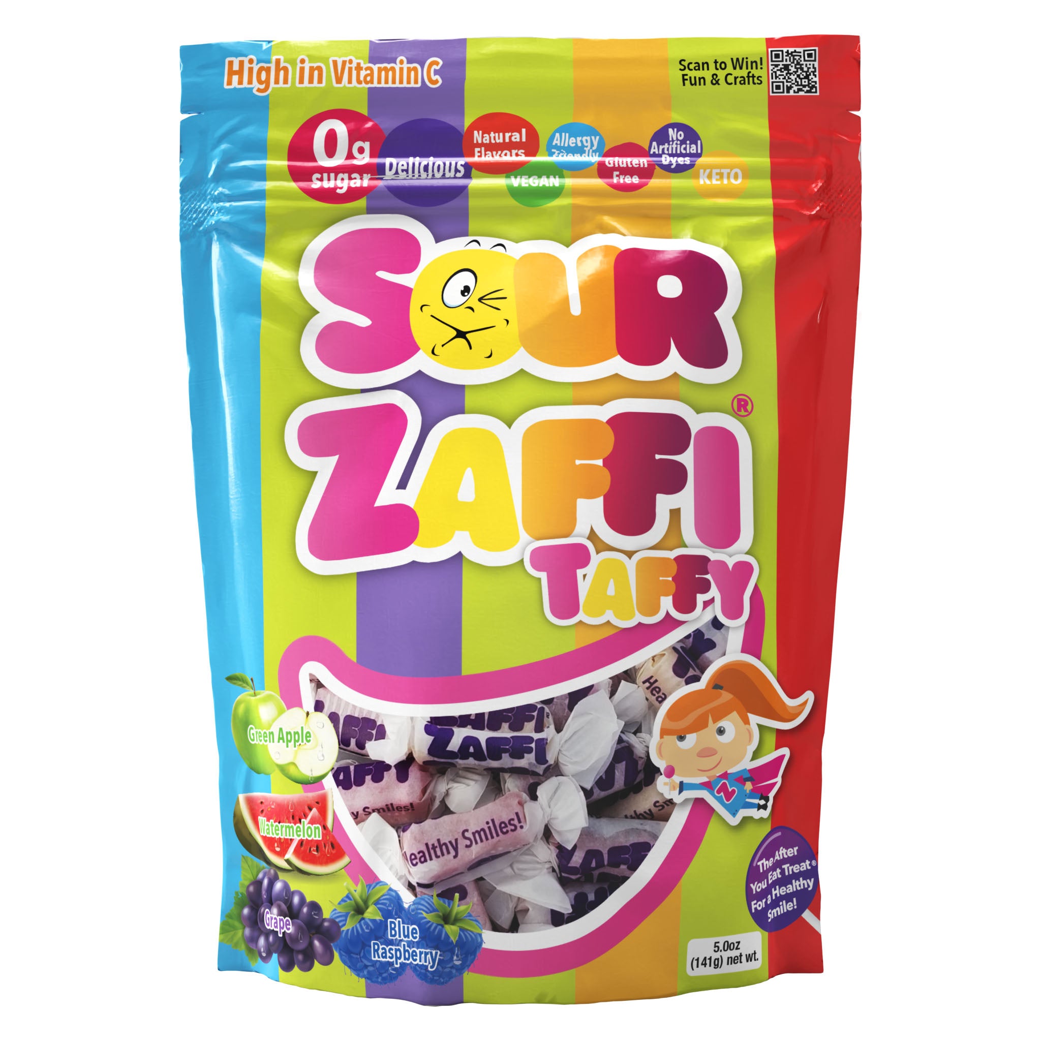 5 oz bag of sour Zaffi Taffy Sugar Free Taffy in four assorted sour flavors.