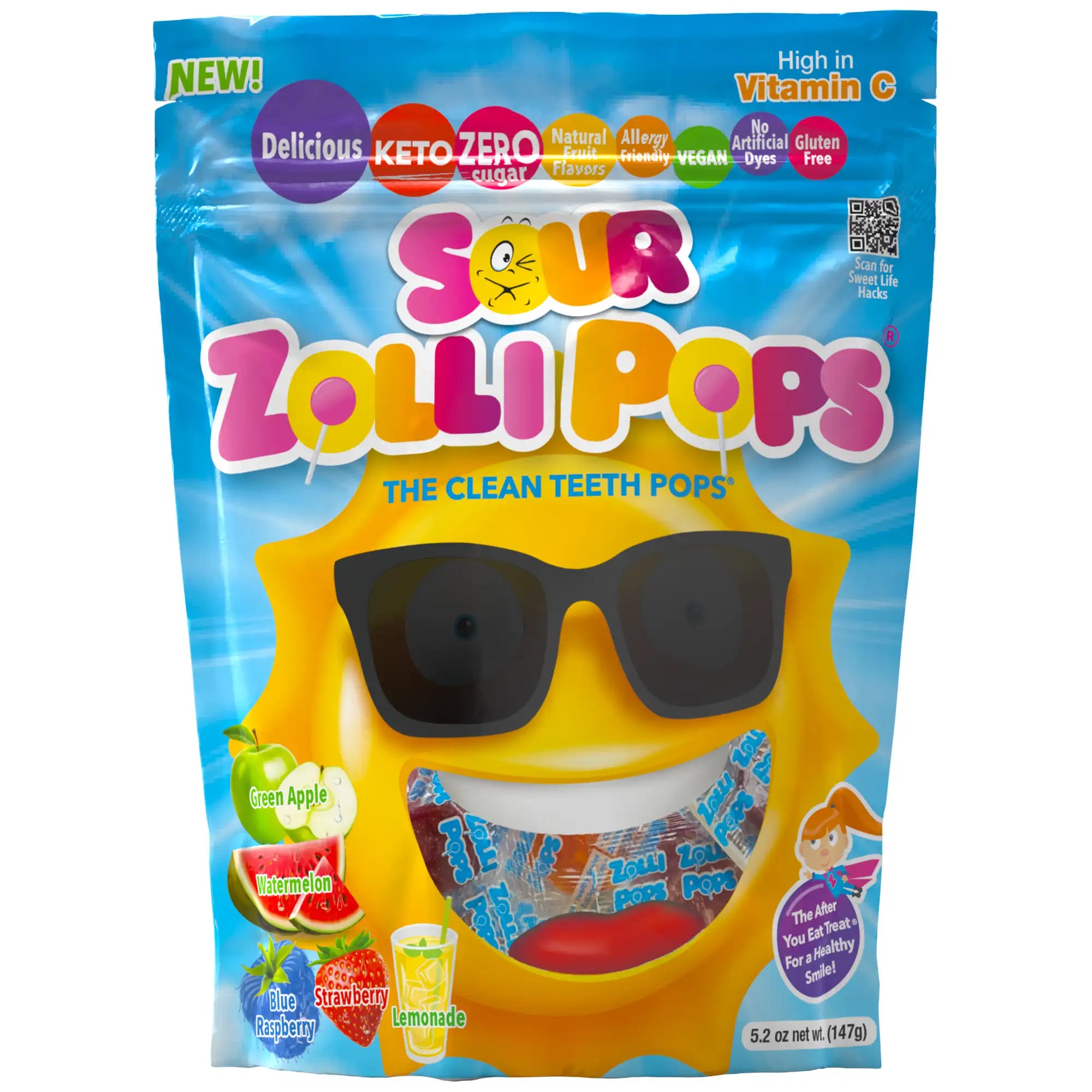 Zolli Pops packaging with a cartoon character wearing sunglasses on a white background