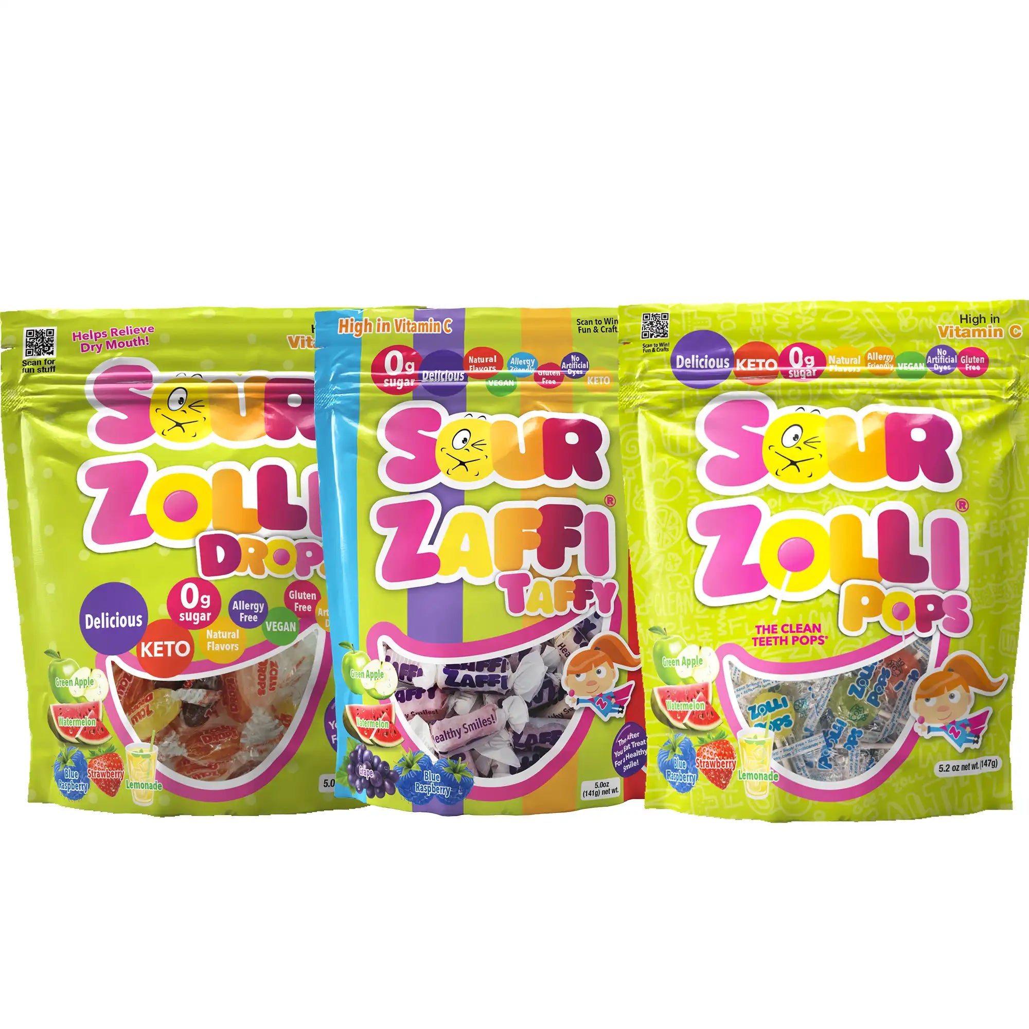 Three packages of Sour Zolli candy on a white background