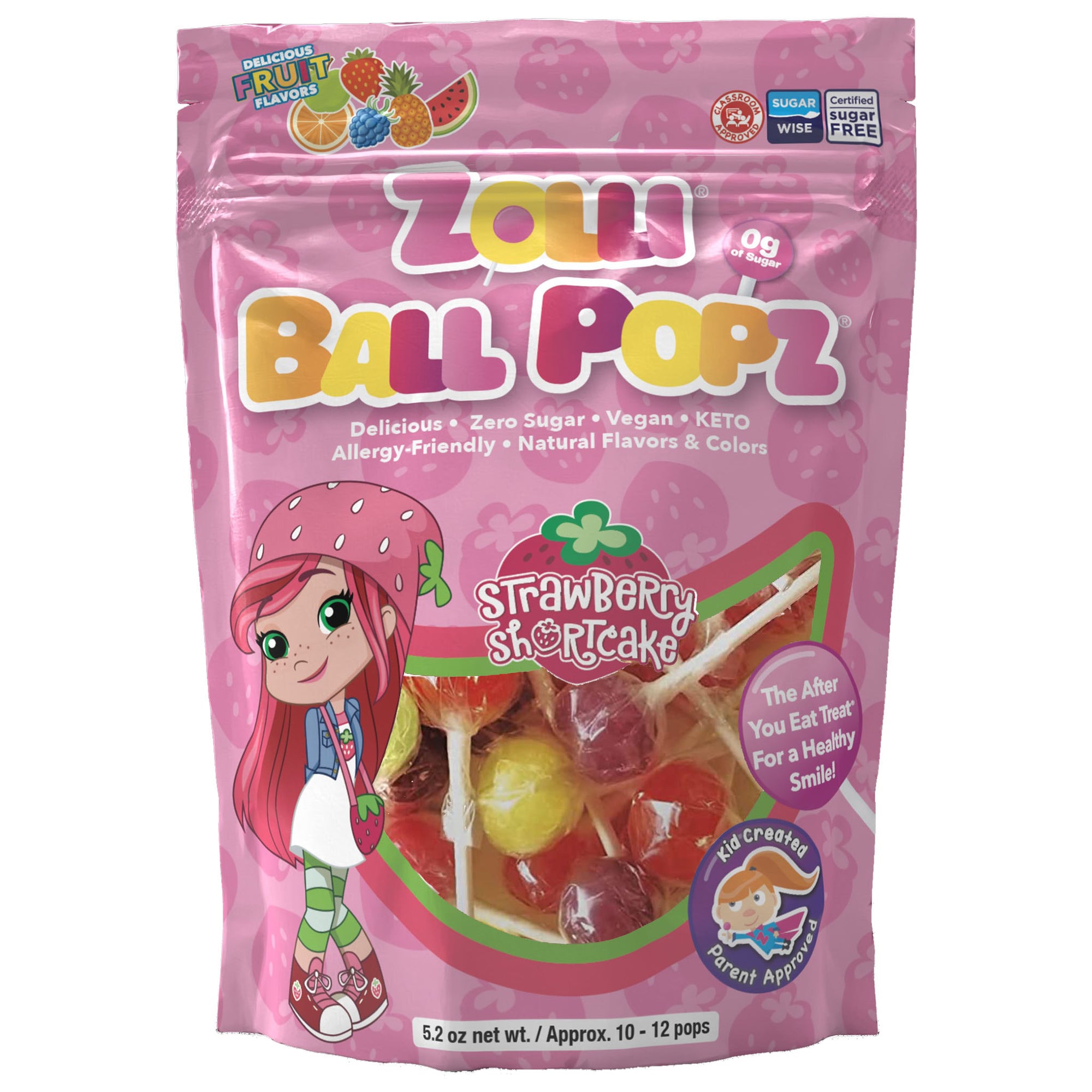 Strawberry Shortcake Edition Zolli Ball Pops 5.2 oz pack in fruit flavor assortment.