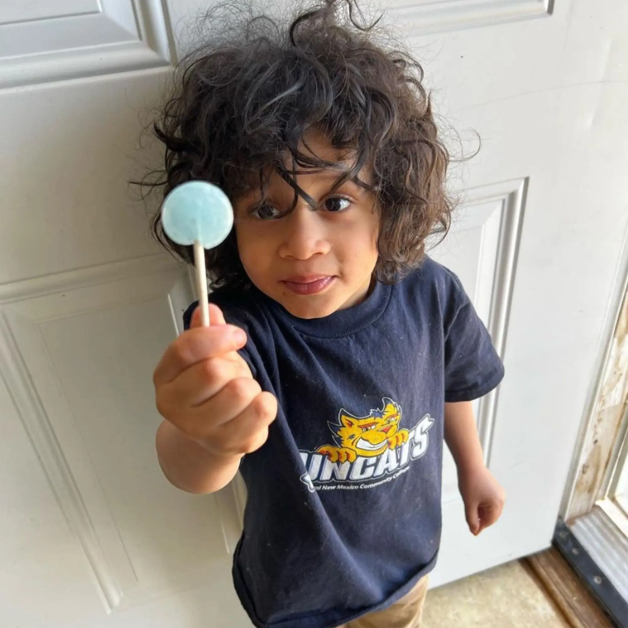 Child holding a raspberry zollipop.