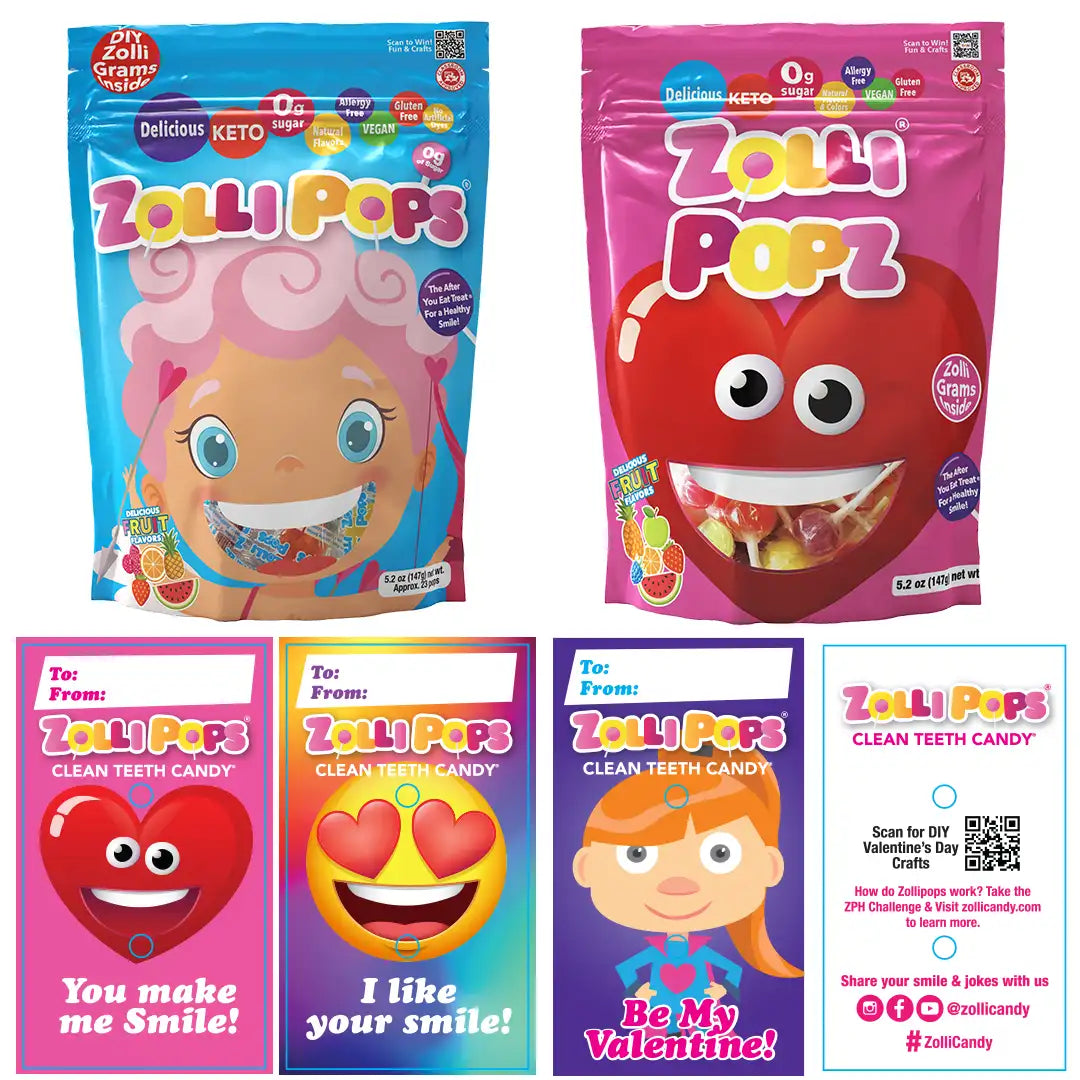 Zollipops candy packages and promotional cards on a white background