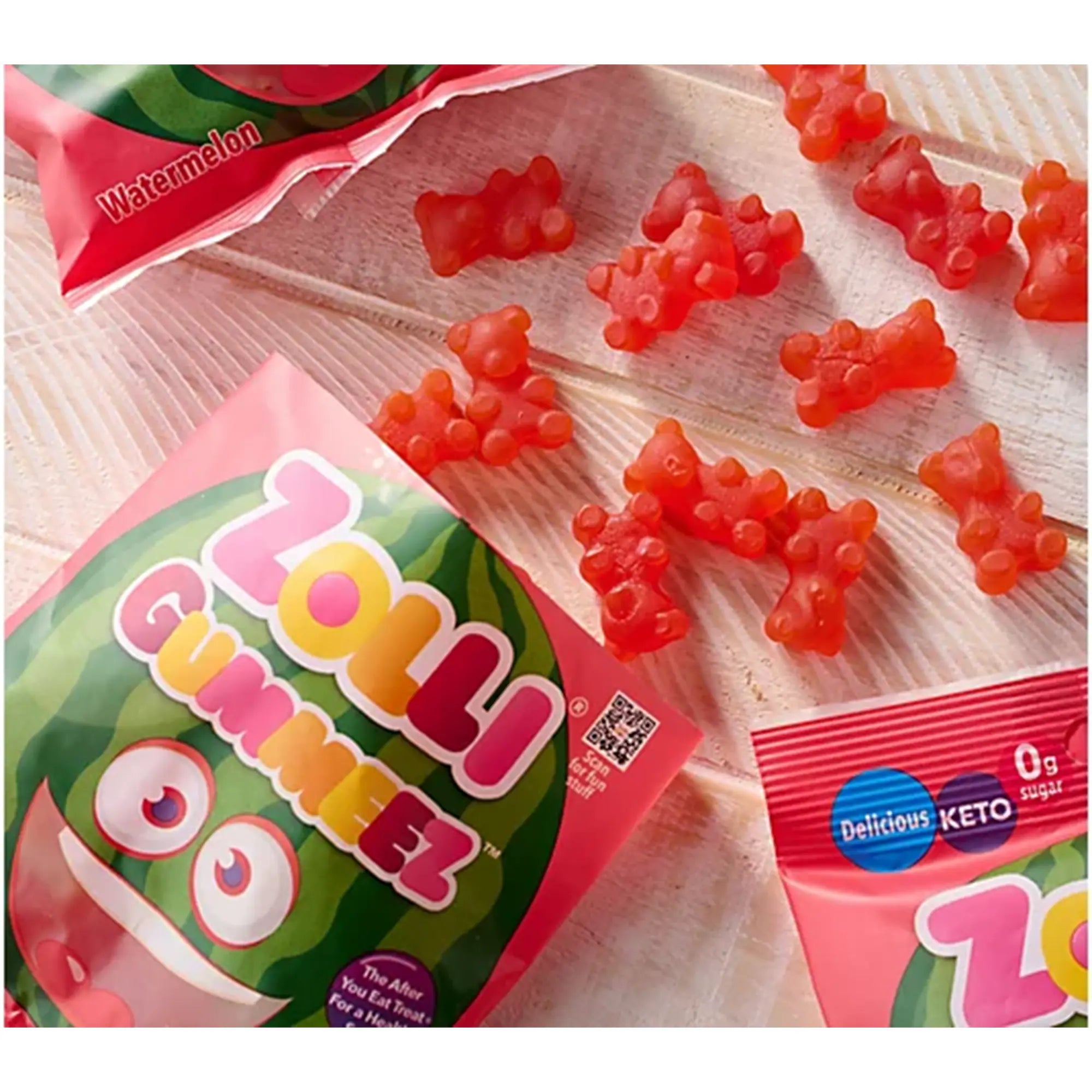 Watermelon gummies on table.