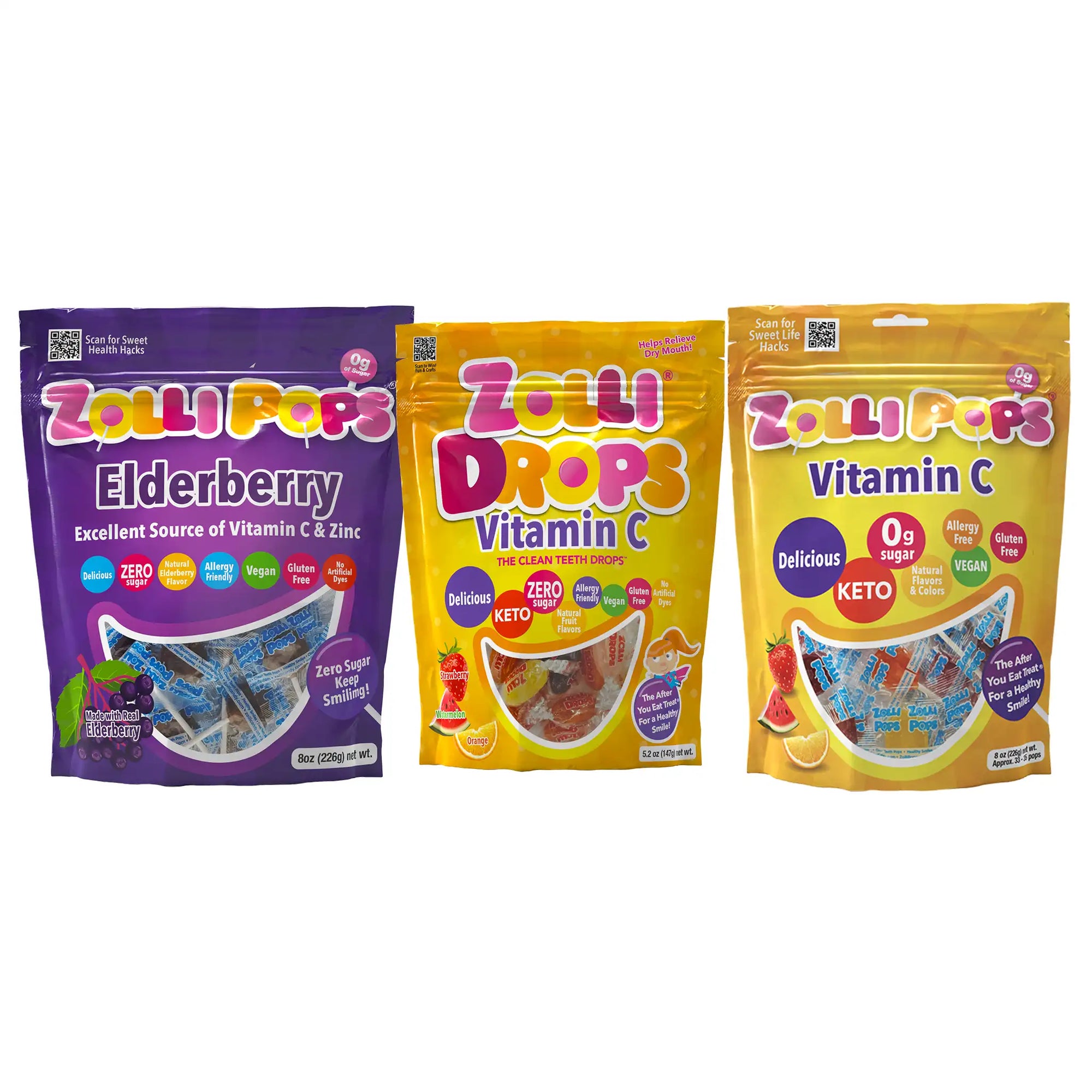 Three packages of Zollipops on a white background