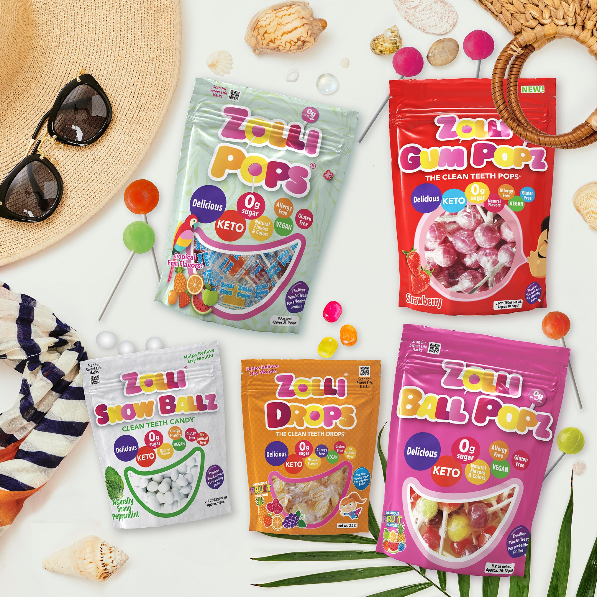 Zolli Hard Candy Bundle includes Zollipops Tropical Lollipops, Zolli Ball Pops, Zolli Fruit Drops, Zolli Gum Popz, and Zolli Snow Ballz mints.