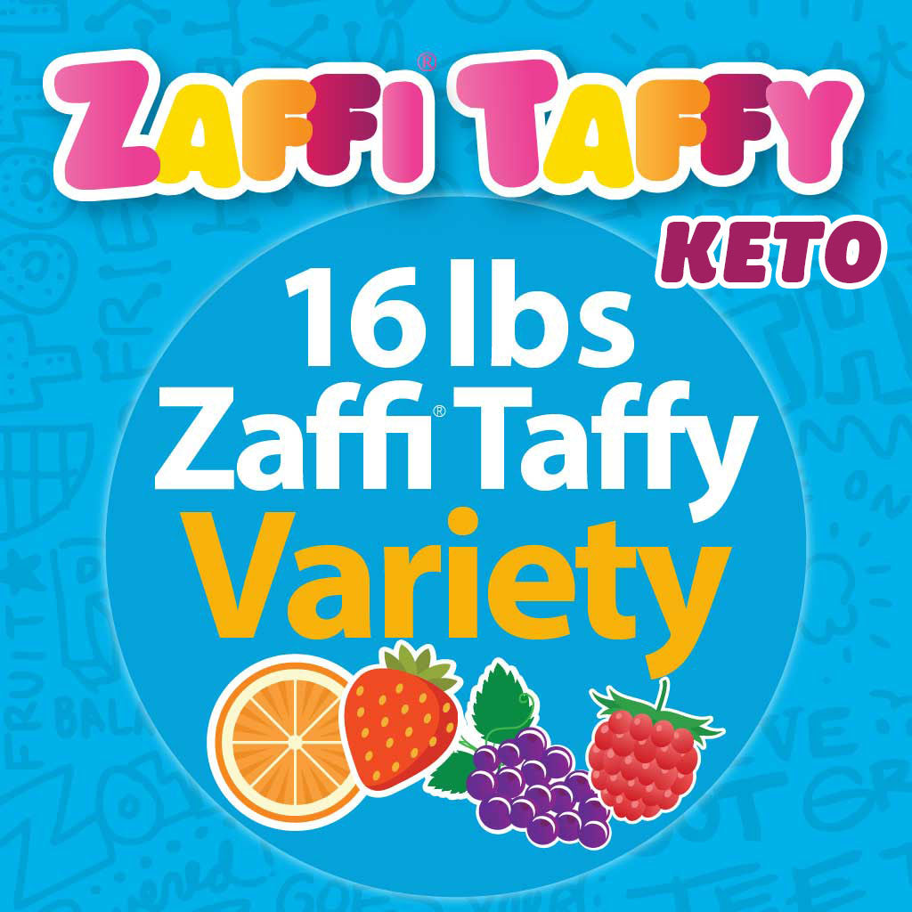 Zaffy Keto Taffy 16lb bulk pack in fruit assortment of flavors.