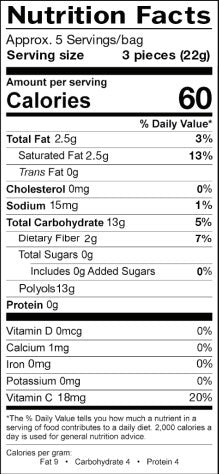 Nutritional label for Zaffi Taffy. 3 pieces have 60 calories and zero sugar.