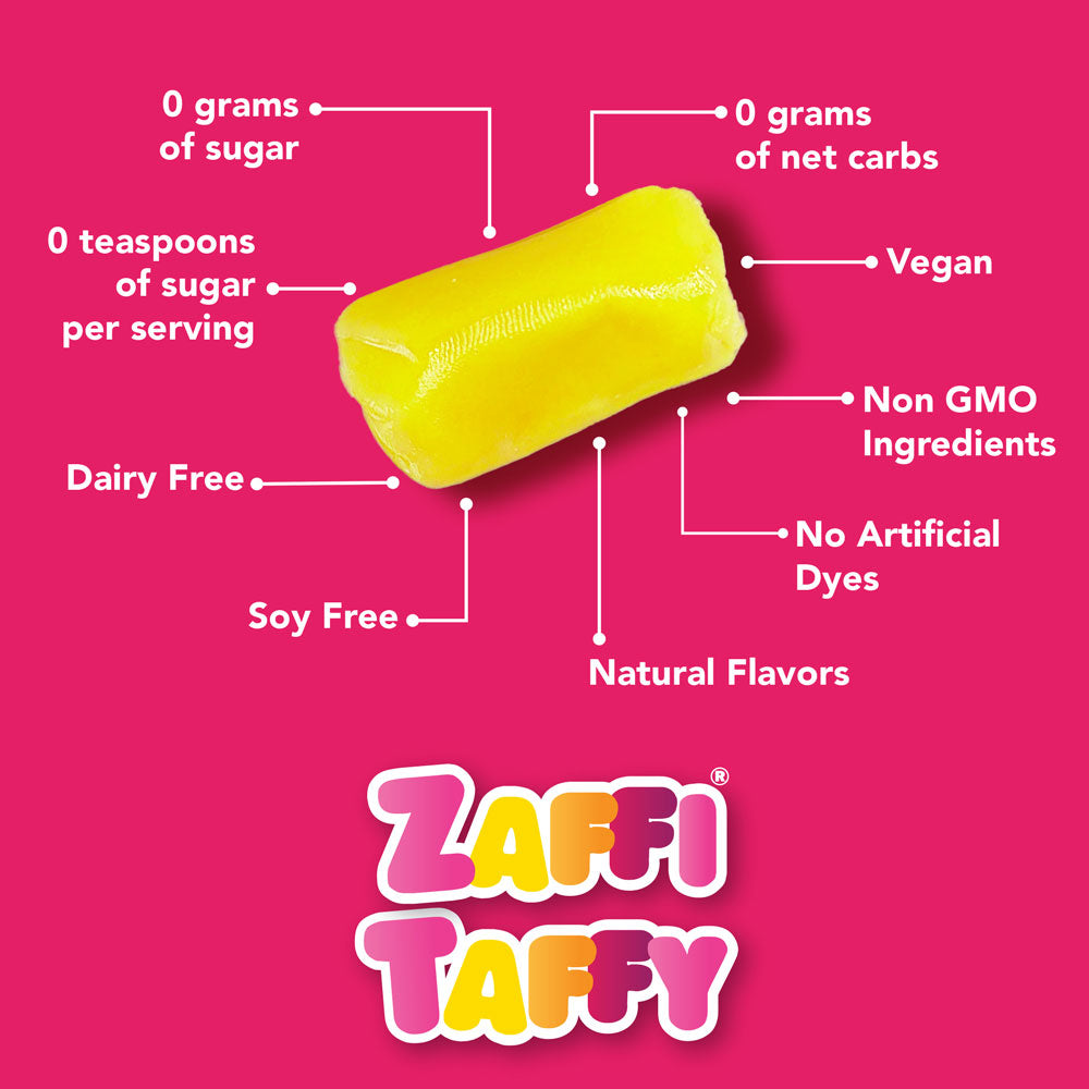 Zolli Zaffi Taffy have 0 grams of sugar, 0 grams of net carbs, are vegan, dairy free, soy free, non GMO, no artificial dyes, kosher, and have natural flavors.