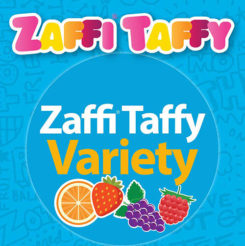 Zaffi Taffy packaging with colorful text and fruit illustrations on a blue background
