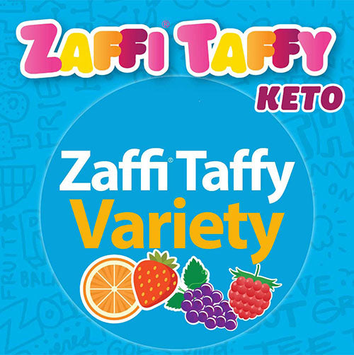 Zaffi Taffy Keto packaging with colorful text and fruit illustrations on a blue background