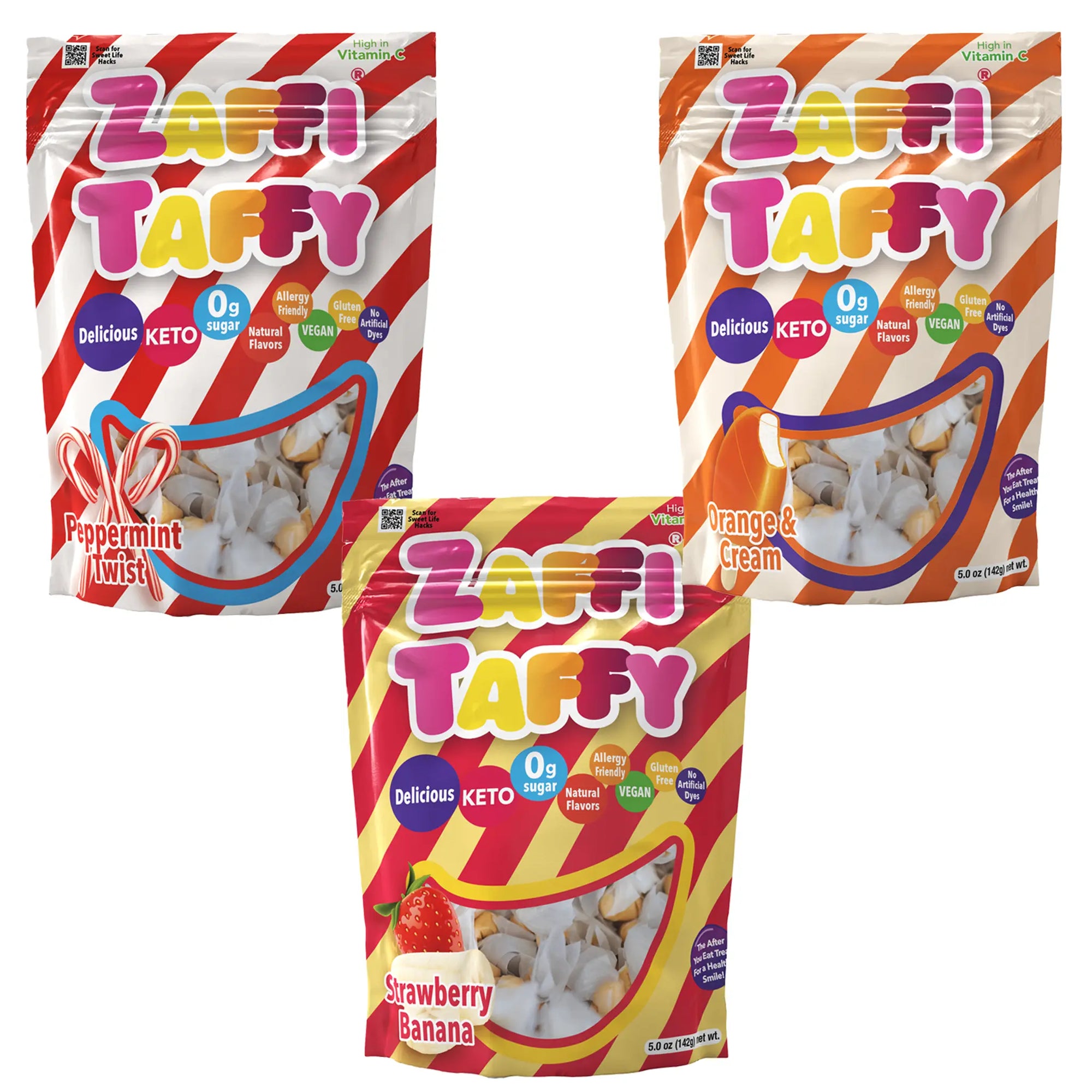 Zolli Zaffi Taffy bundle in 3 flavore. Peppermint Twist, Strawberry Banana, and Orange & Cream Taffy.