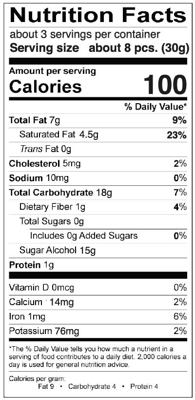 Nutritional label for Zolli Caramels. Each serving contains 100 calories and zero sugar.