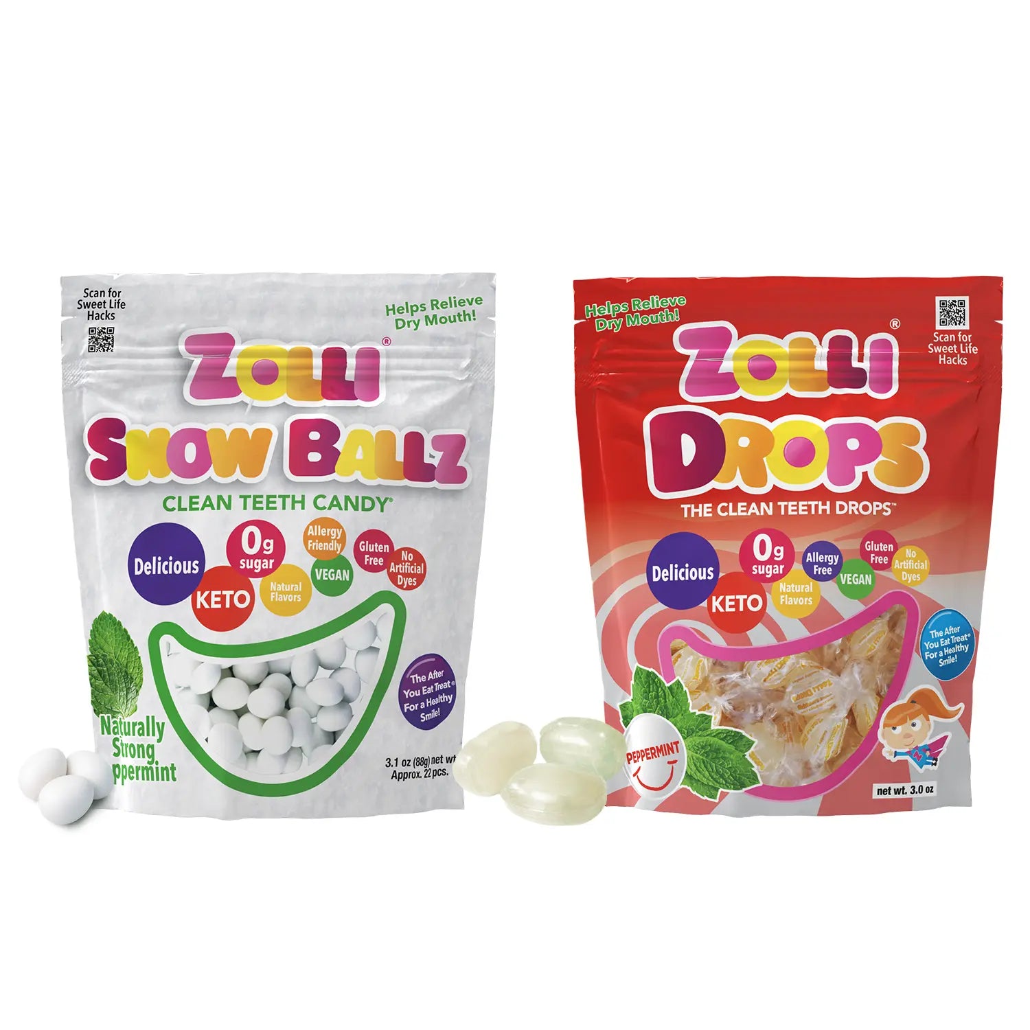 Zolli snow ballz and peppermint drops on white background.