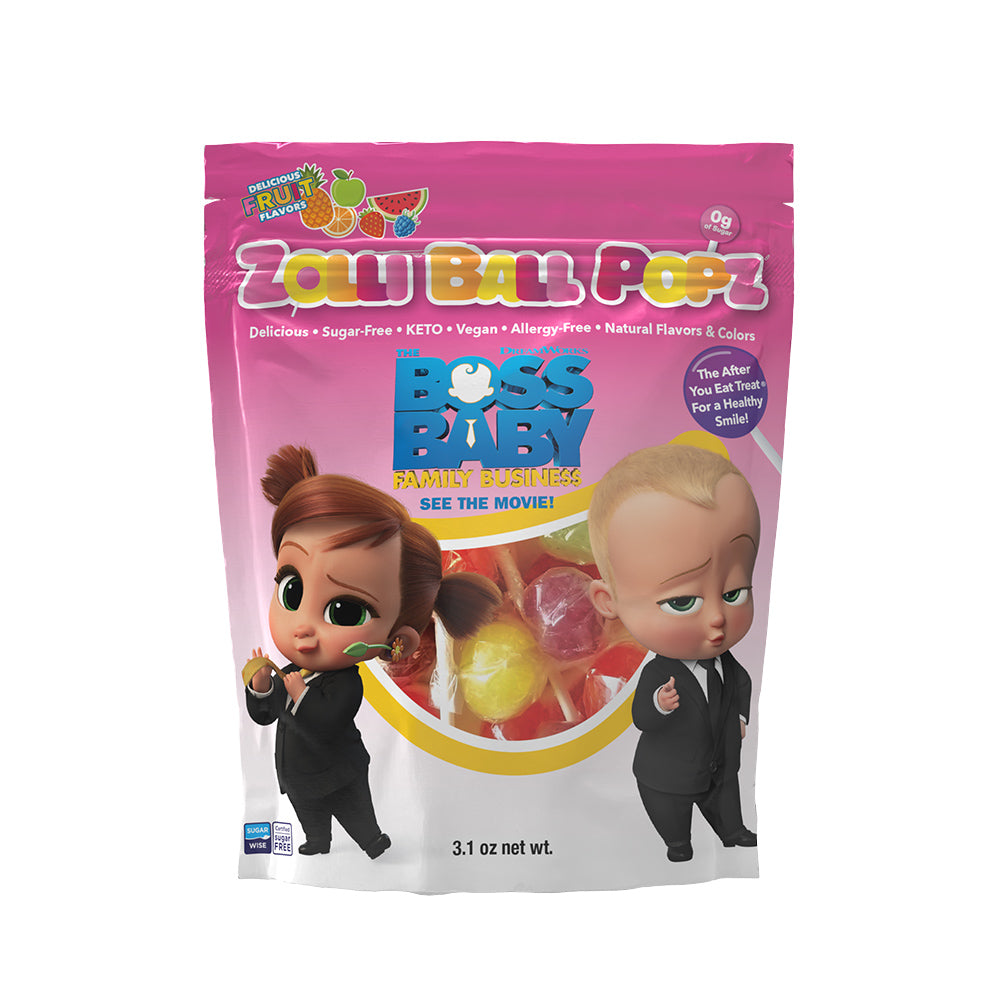 Limited edition Boss Baby Zolli Ball Pops 3.1oz pack in Fruit Assortment of flavors.