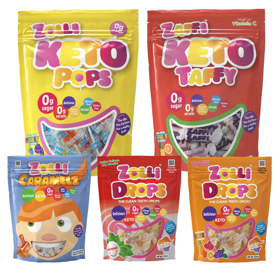 Keto bundle with 1 bag Assorted Fruit Zolli Keto Pops, 1 bag Assorted Fruit Zaffi Keto Taffy, 1 bag Zolli Caramels, and 2 bags of Zolli Drops in Peppermint and Asorted Fruit flavors.