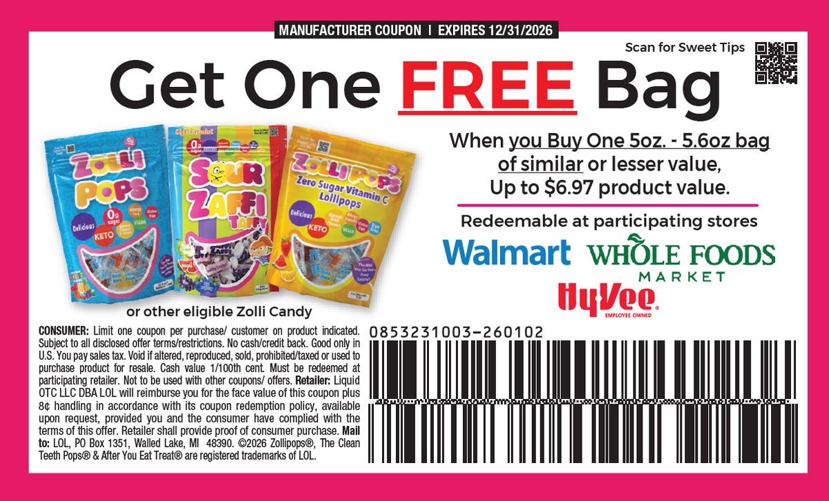 A promotional manufacturer's coupon for Zilli-Peps and Scari Zaffers candy, offering a free bag when one 5 oz bag is purchased. The coupon features colorful illustrations of the candy packs, participating store logos including Walmart and HyVee, a barcode, and fine print on a white background with a red border.