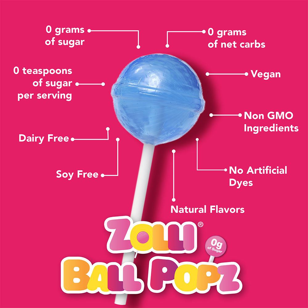 Zollipops have 0 grams of sugar, 0 grams of net carbs, are vegan, dairy free, soy free, non GMO, no artificial dyes, kosher, and have natural flavors.