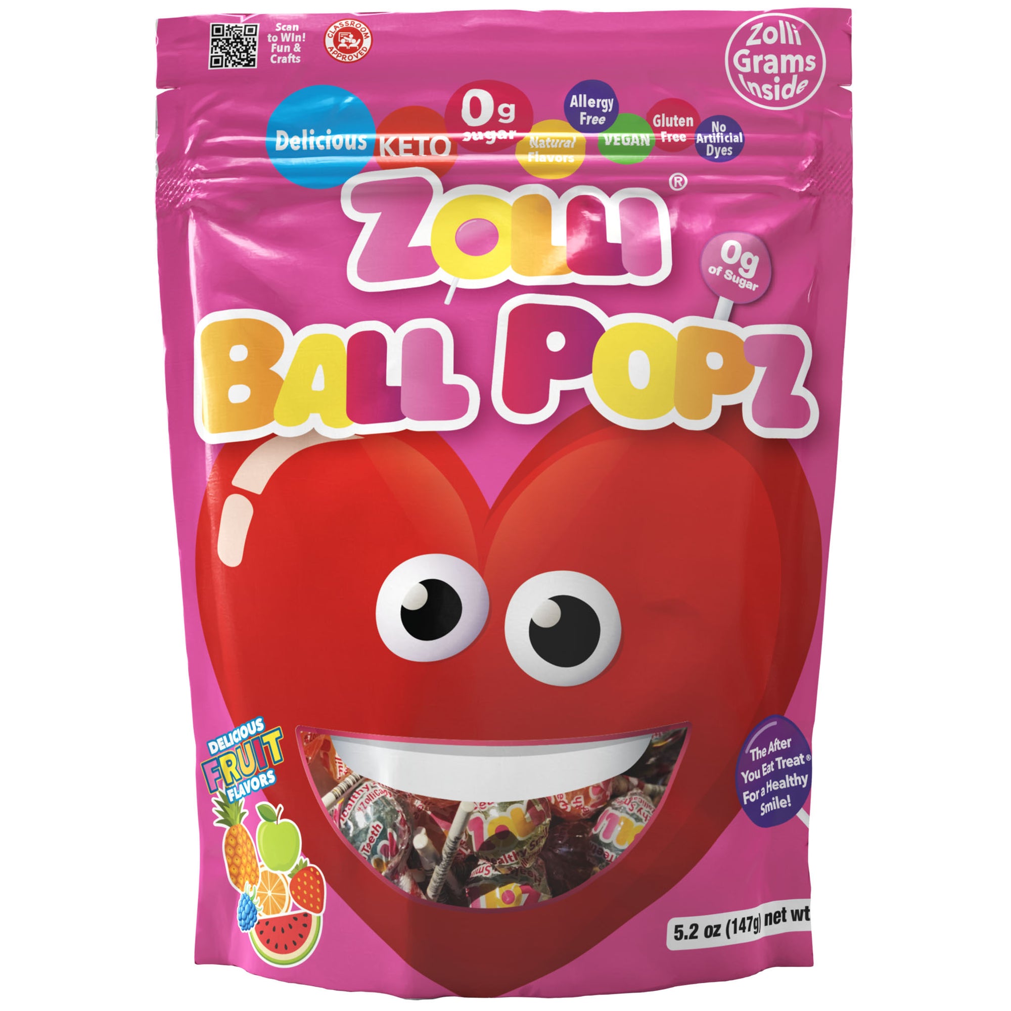 Valentine Zolli Ball Pops 5.2 oz pack in fruit flavor assortment with valentine’s cards.