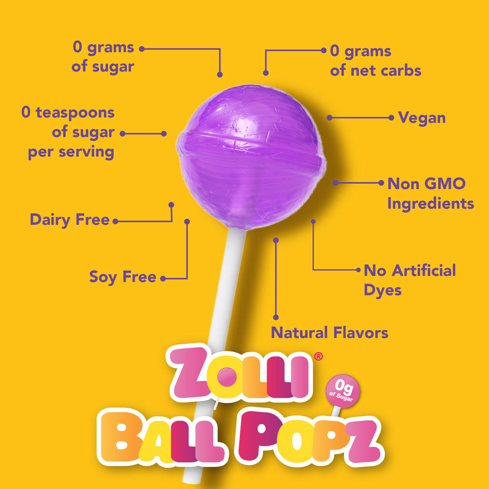 Zolli Ball Popz have 0 grams of sugar, 0 grams of net carbs, are vegan, dairy free, soy free, non GMO, no artificial dyes, and have natural flavors.
