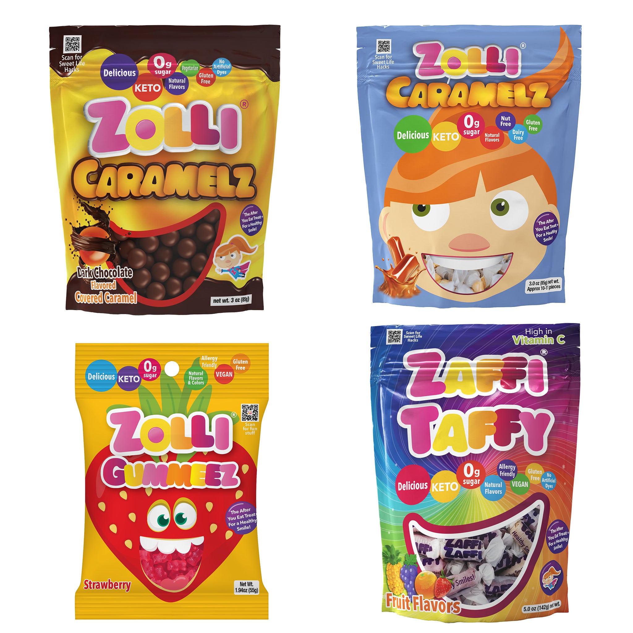 Zolli Candy Chewy Bundle includes Zolli Chocolate covered Caramelz, Zolli Caramelz, Zolli strawberry Gummeez, Zolli Zaffi Taffi.