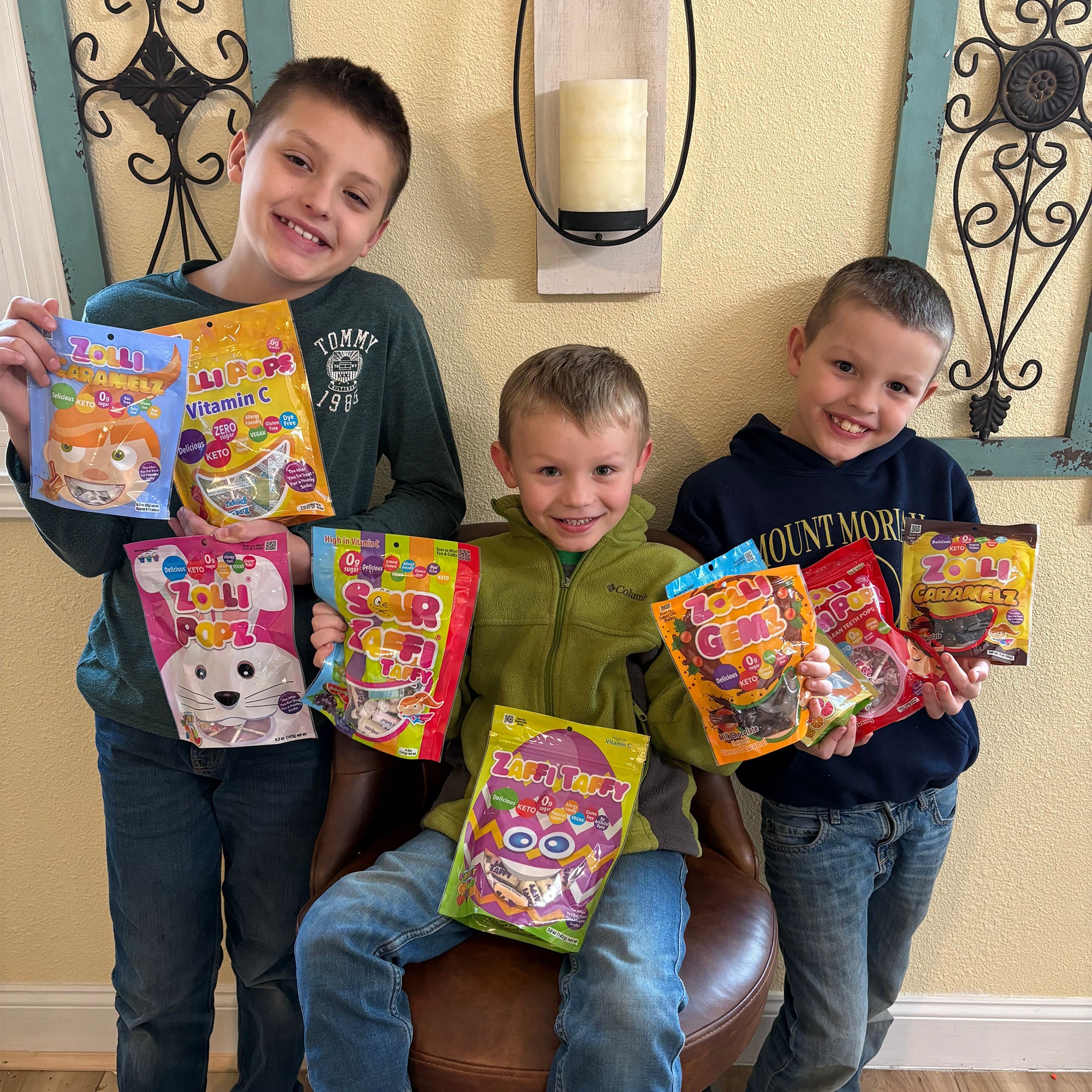 Kids with bags of zolli candy.