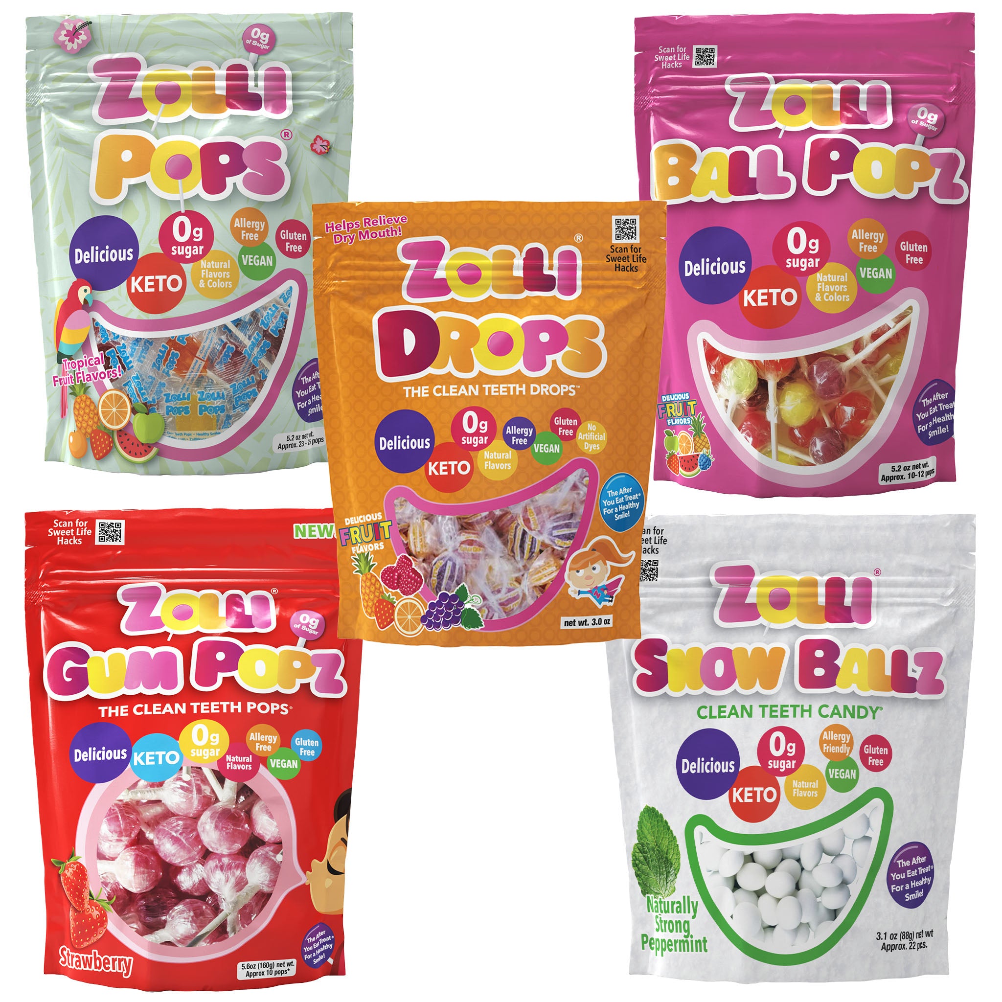 Zolli Hard Candy Bundle includes Zollipops Tropical Lollipops, Zolli Ball Pops, Zolli Fruit Drops, Zolli Gum Popz, and Zolli Snow Ballz mints.