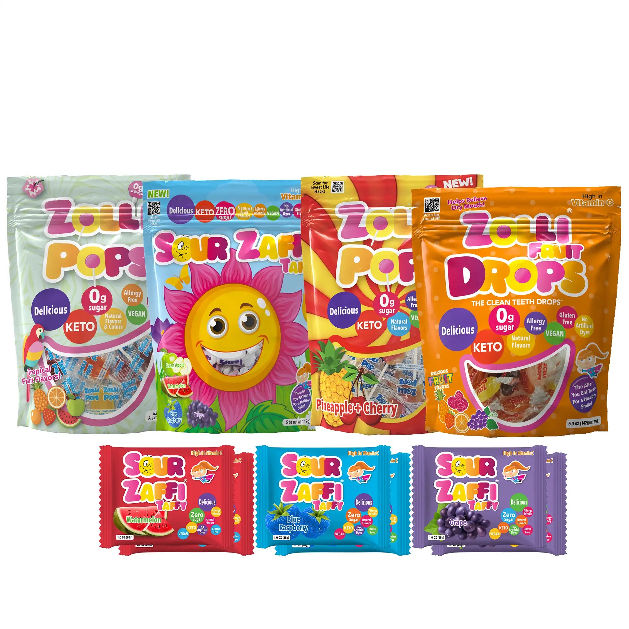 Assorted Zuru candy packages including Zuru Pops, Sour Zappi, and Zuru Fun Drops on a white background.
