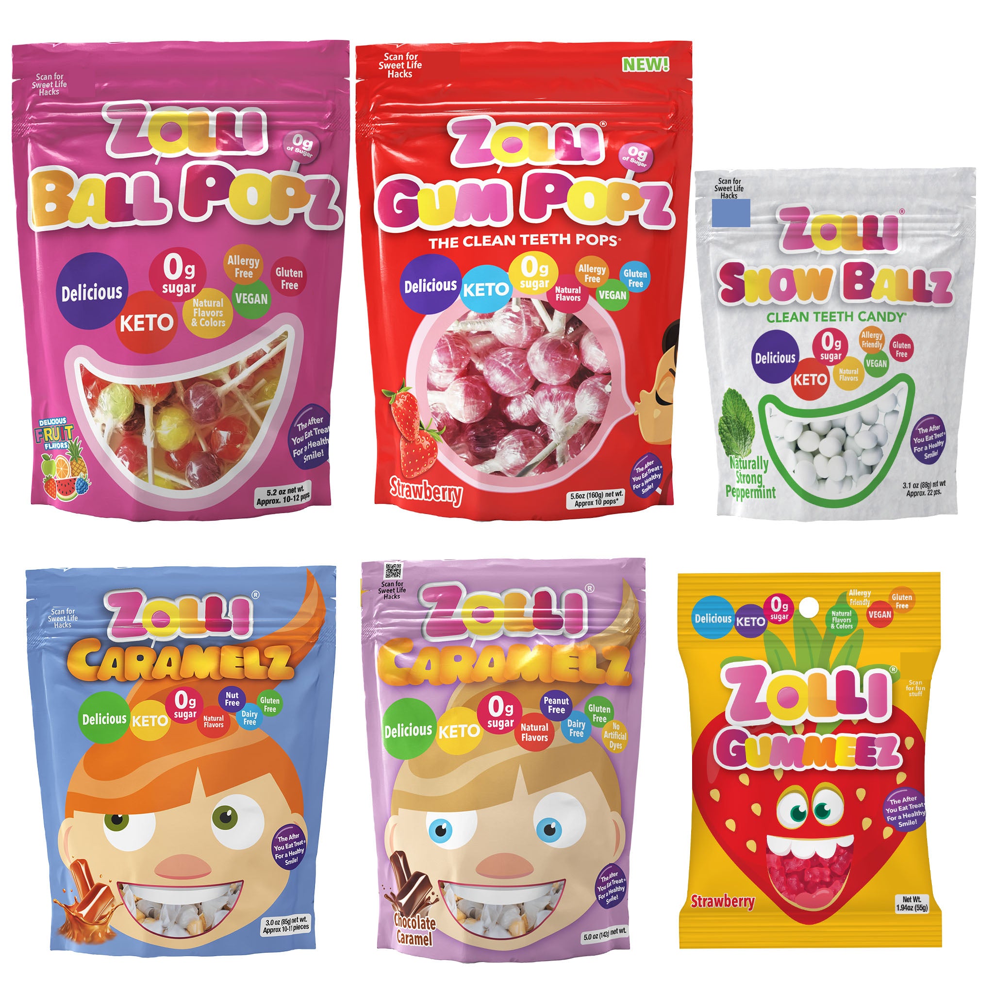 Zolli Candy Variety Bundle includes Zolli Ball Pops, ZolliGum Popz, Zolli Snow Ballz, Zolli Caramelz, Zolli Chocolate Caramelz, and Zolli Gummeez.