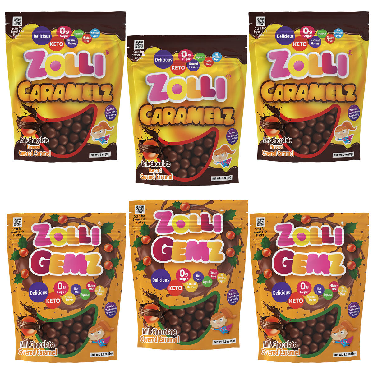 Zolli Chocolate Caramelz Bundle 3 Dark Chocolate and 3 Milk Chocolate Bags-Zollicandy