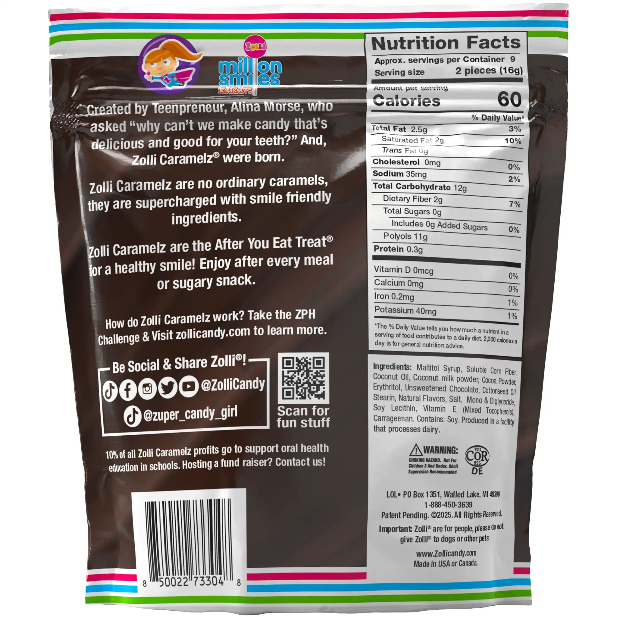 Back of a Zolli Caramels candy package with nutritional information and branding details.
