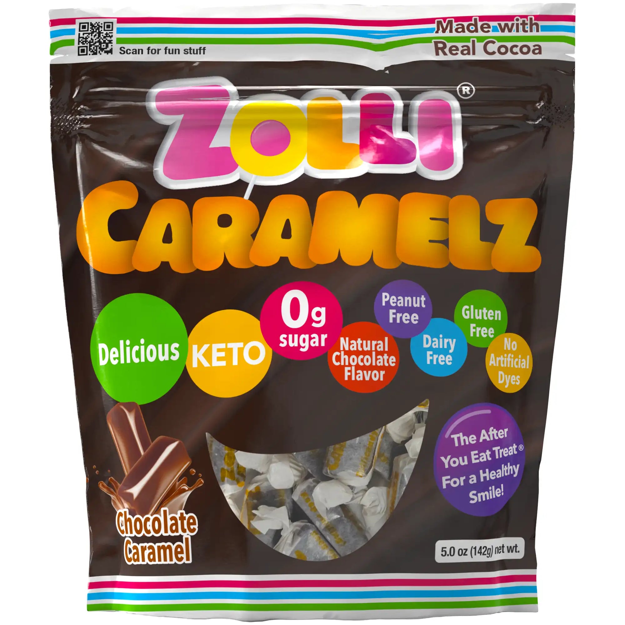 Zolli Caramelz chocolate caramel package with health benefits listed on a white background