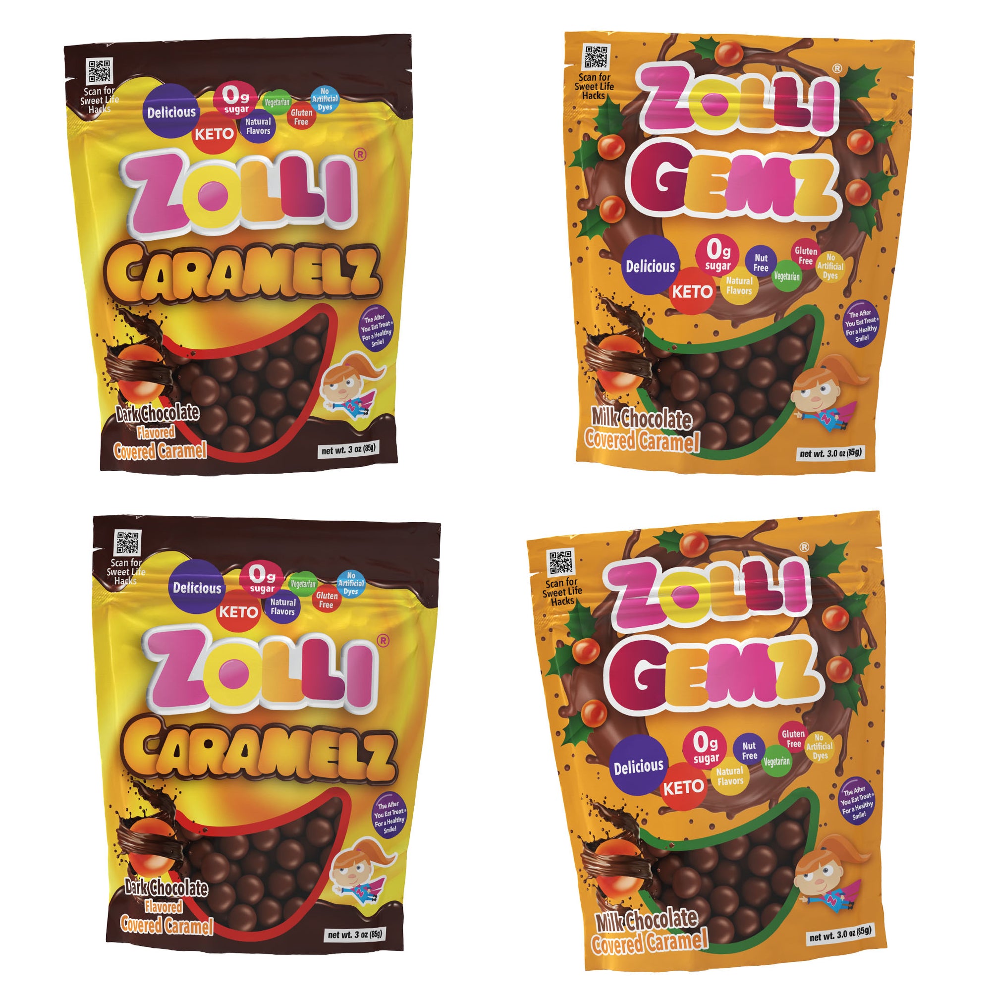 Zolli Candy Sugar Free Dark and Milk Chocolate Caramelz 3 oz - 4 pack