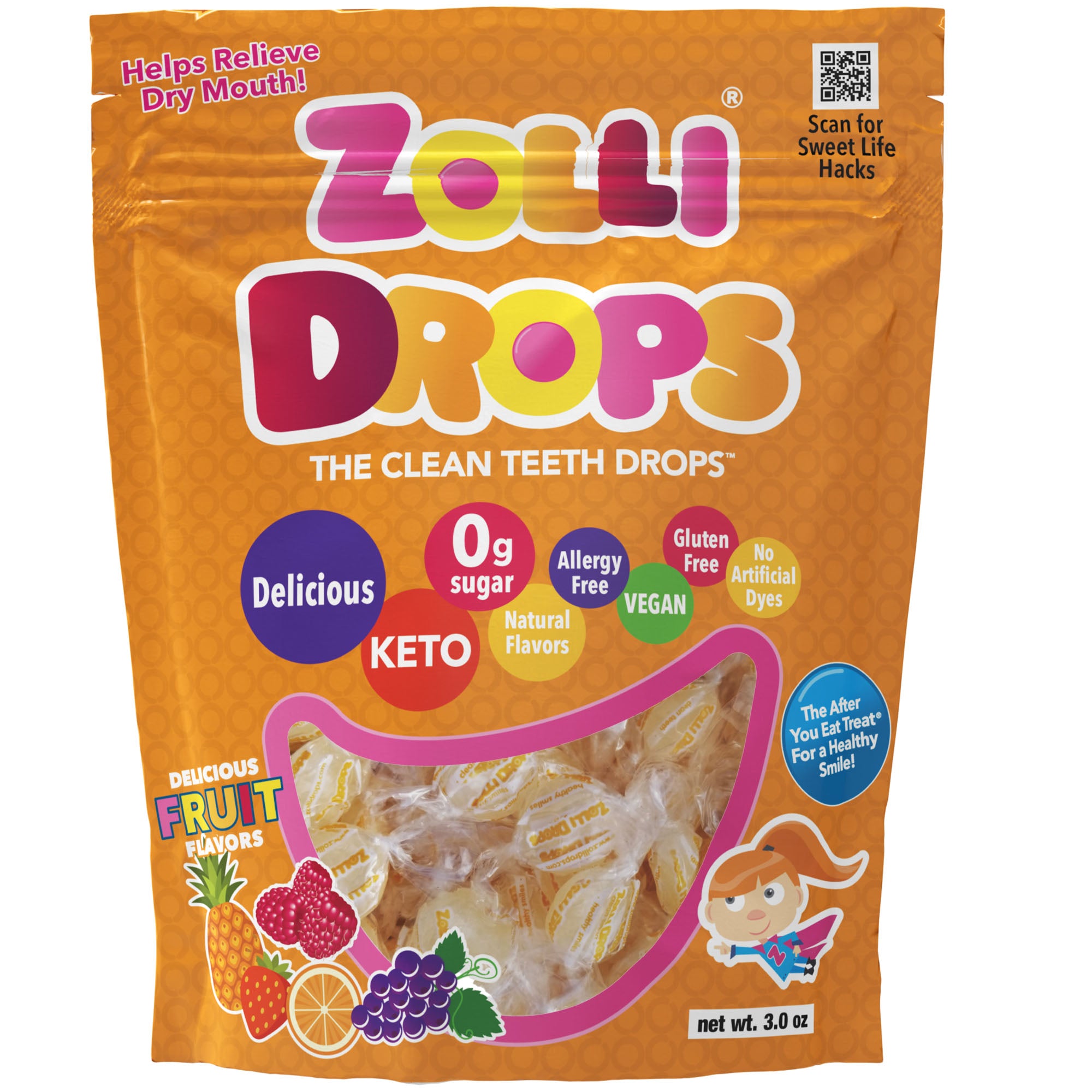 Zolli Drops have 0 grams of sugar, 0 grams of net carbs, are vegan, dairy free, soy free, non GMO, no artificial dyes, kosher, and have natural flavors.