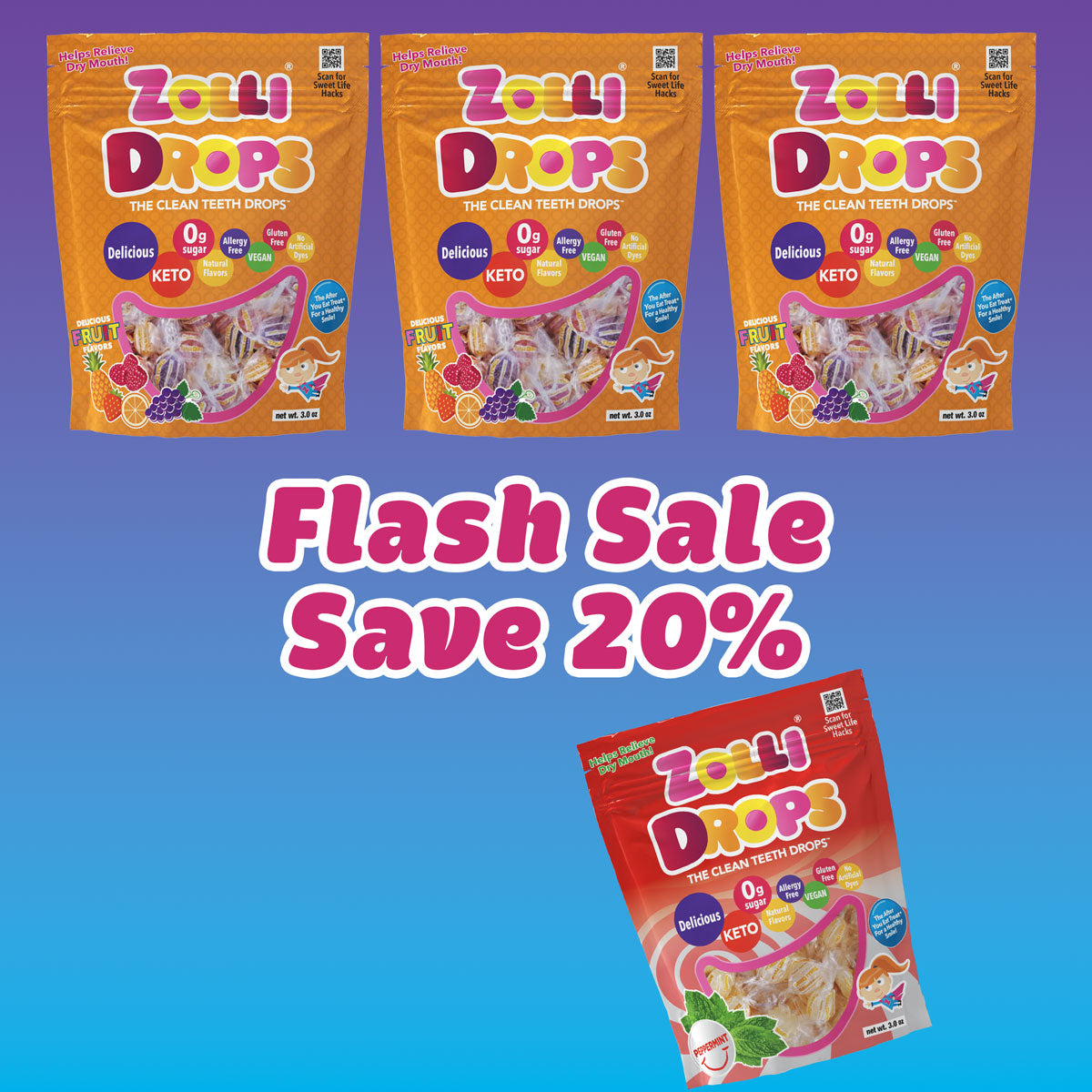Save 20% on Zolli Drops - Get 3 Fruit Drops and 1 Peppermint Drops 