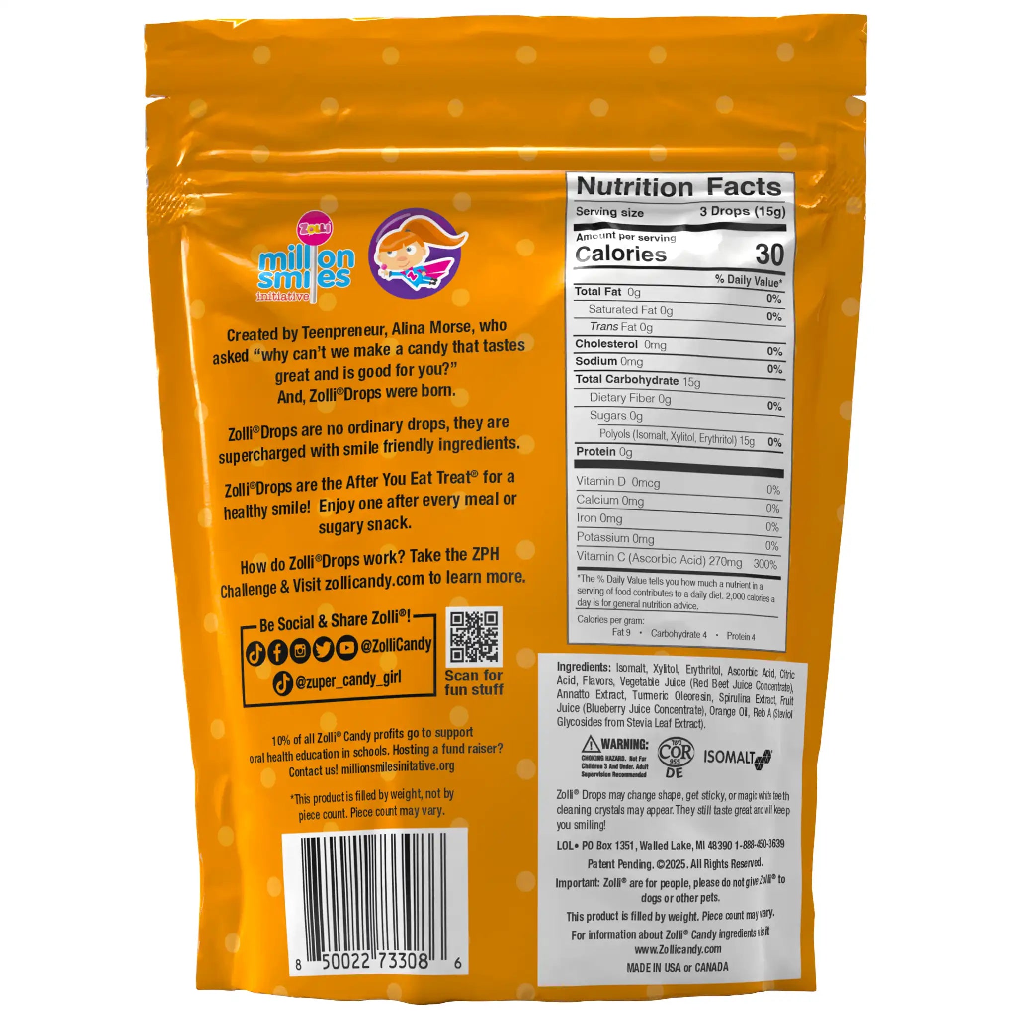 Back of a candy package with nutrition facts and branding