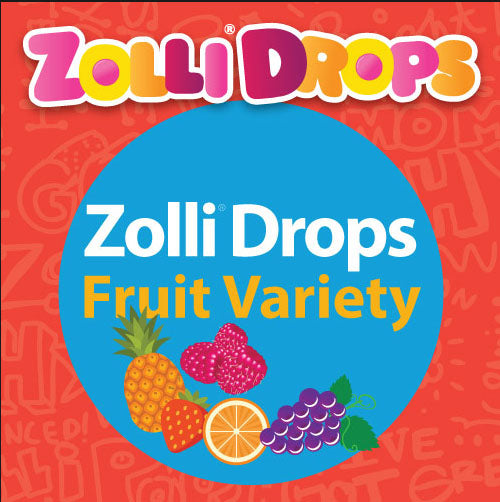Zolli Drops fruit variety packaging with colorful text and fruit illustrations on a red background.