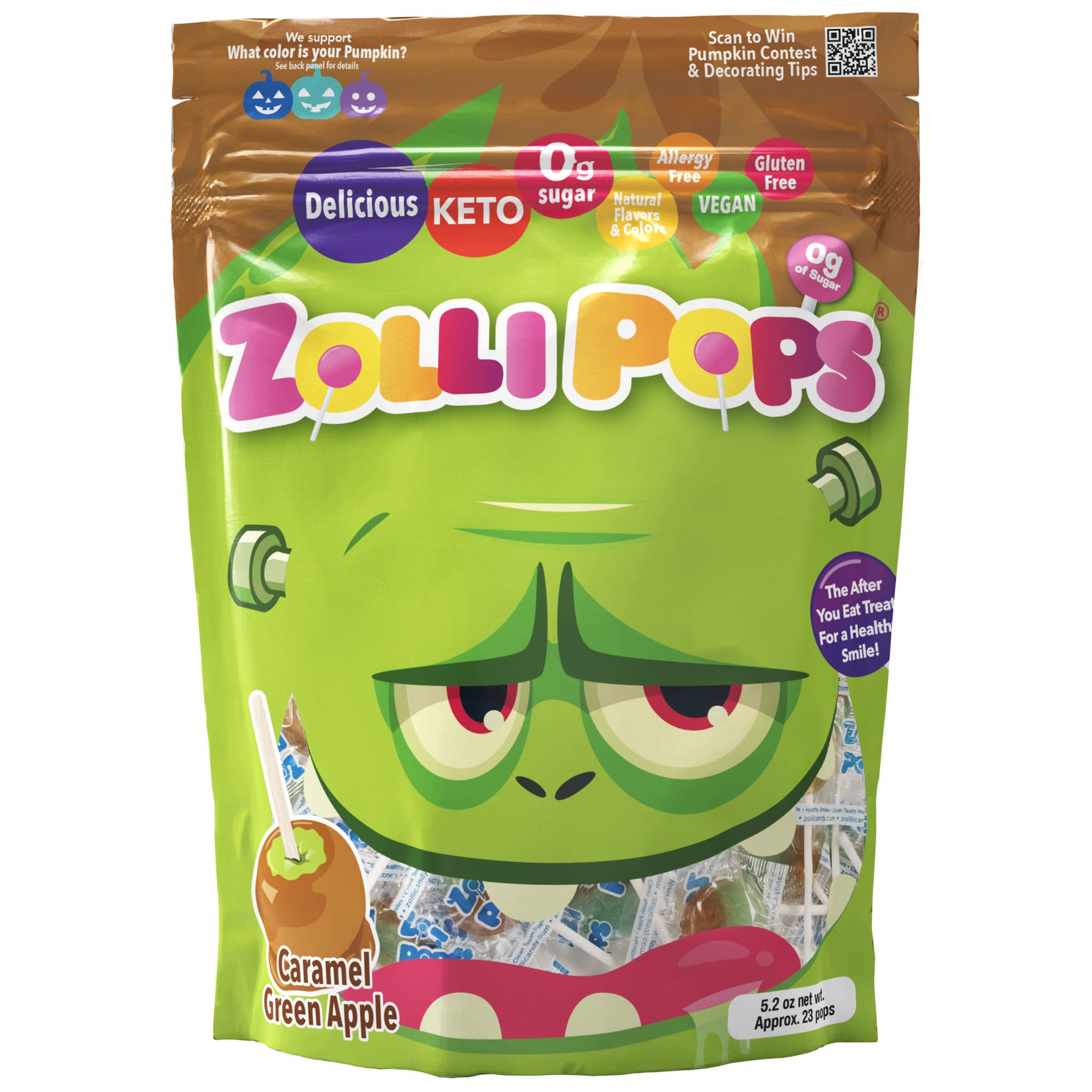 Halloween Zollipops 5.2oz pack in Caramel & Green Apple flavor.