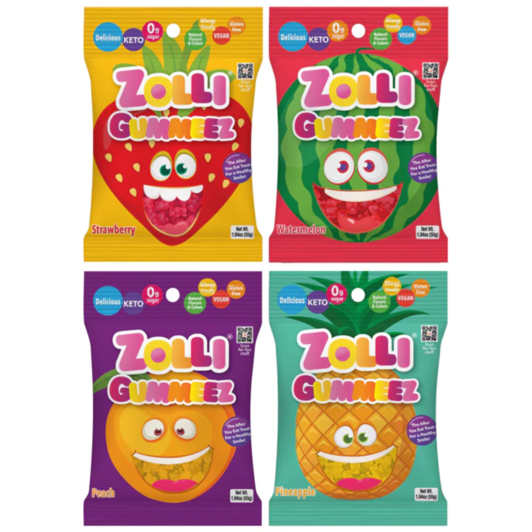 Zolli Gummies 4 Pack Flavor Bundle with Strawberry, Watermelon, Peach, and Pineapple flavors.