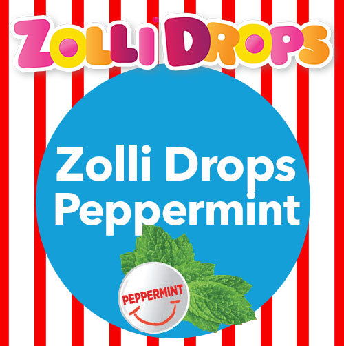 Zolli Drops Peppermint candy packaging with red and white striped background