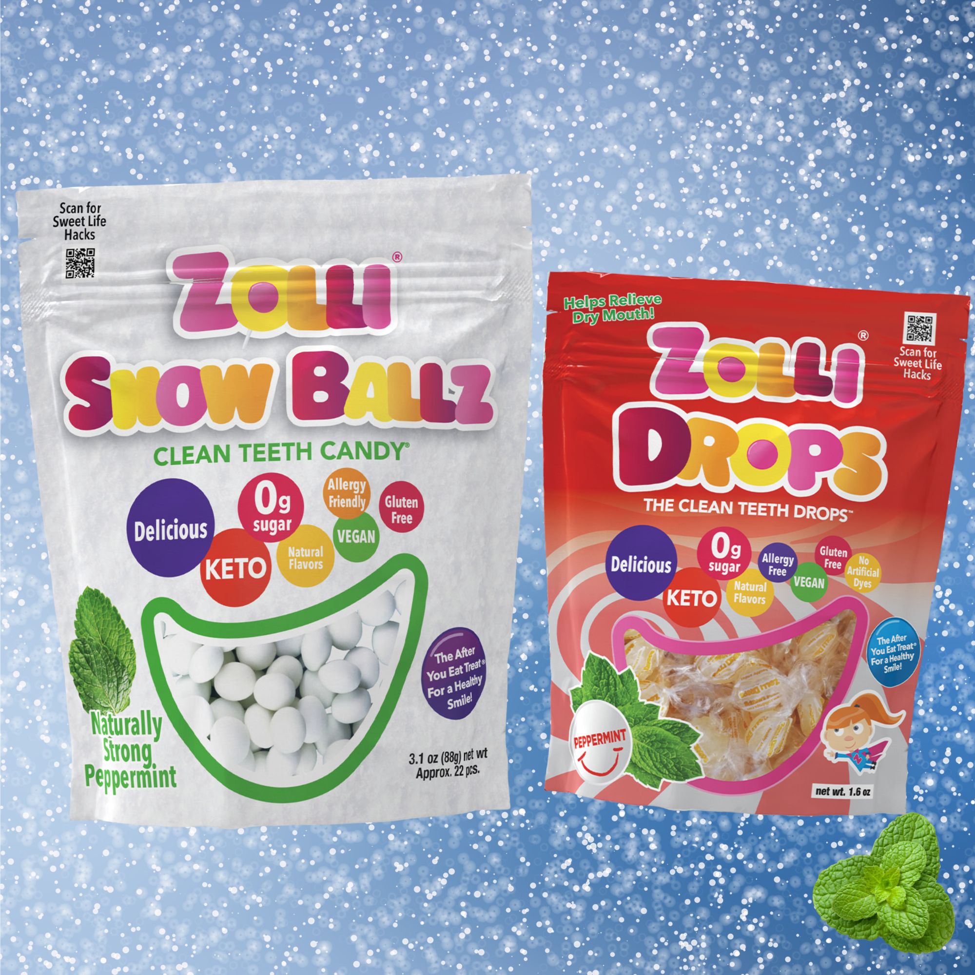 Zolli Peppermint Bundle. Zolli Peppermint Drops with Xylitol and Zolli Snow Ballz without Xylitol. Fresh Breath. Zero Sugar. Clean Teeth Candy.