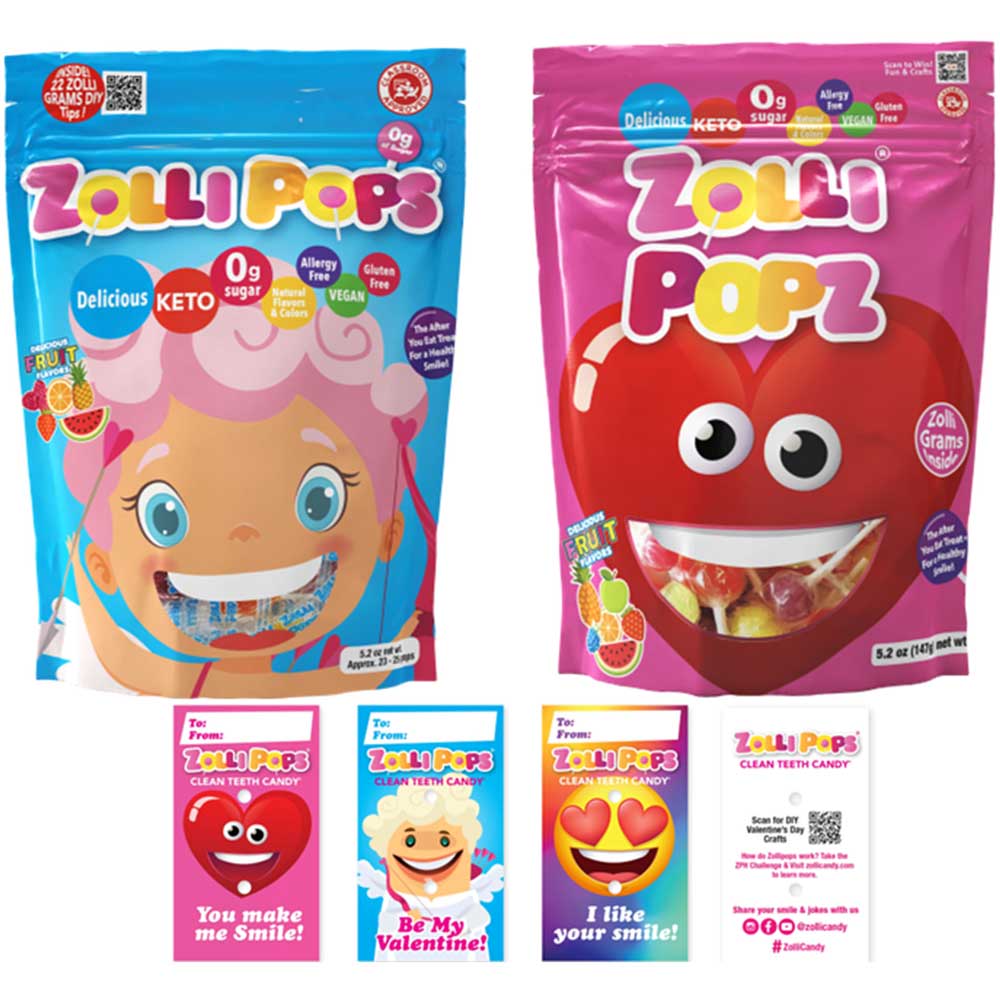 Valentine’s Day 2 pack bundle with Zollipops and Zolli Ball Pops in original fruit flavor assortment with valentine cards.