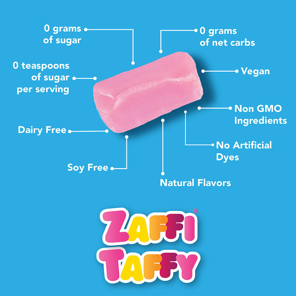 Zaffi Taffy have 0 grams of sugar, 0 grams of net carbs, are vegan, dairy free, soy free, non GMO, no artificial dyes, kosher, and have natural flavors.