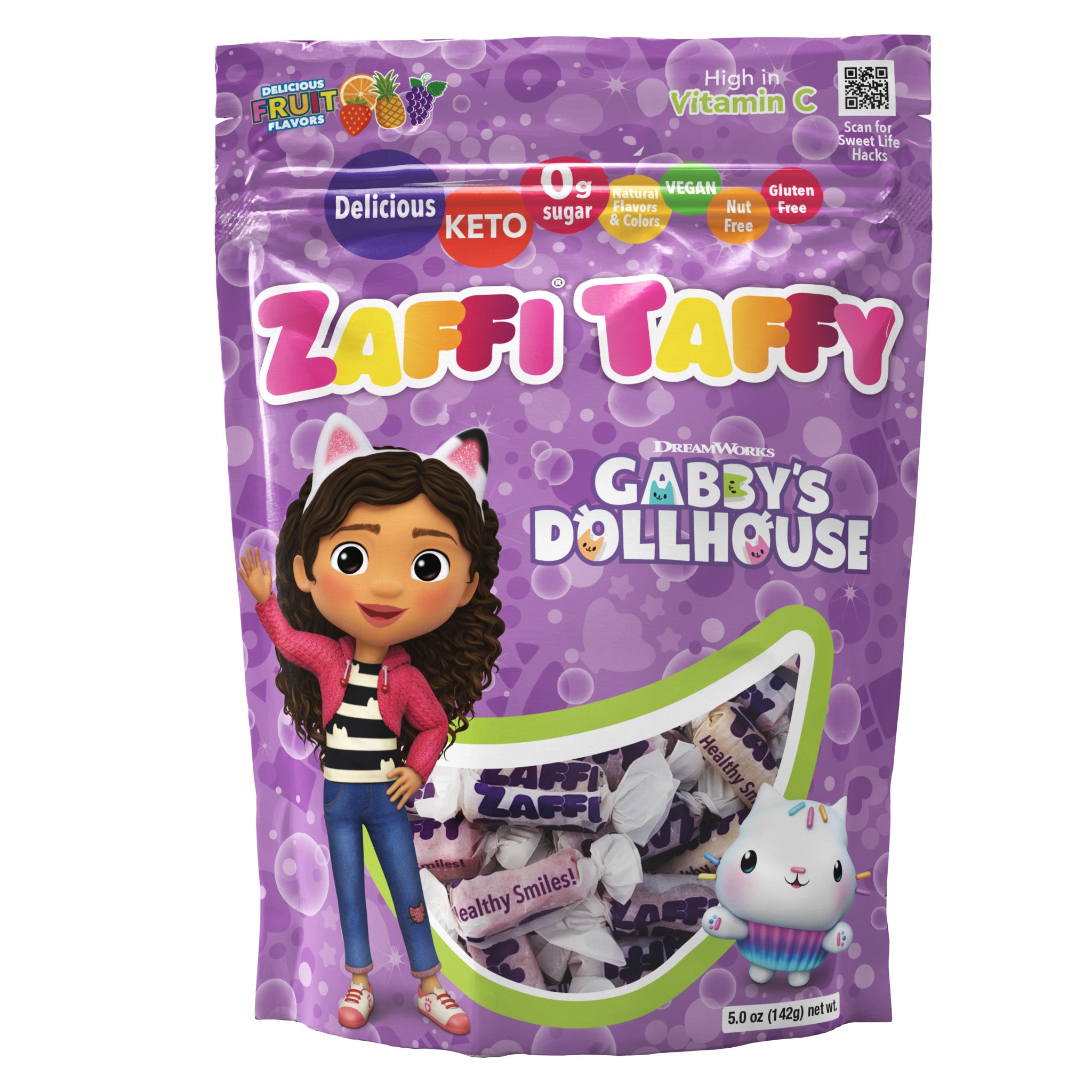 Limited edition Gabby’s Dollhouse Zaffi Taffy 5oz pack in Fruit Assortment of flavors.