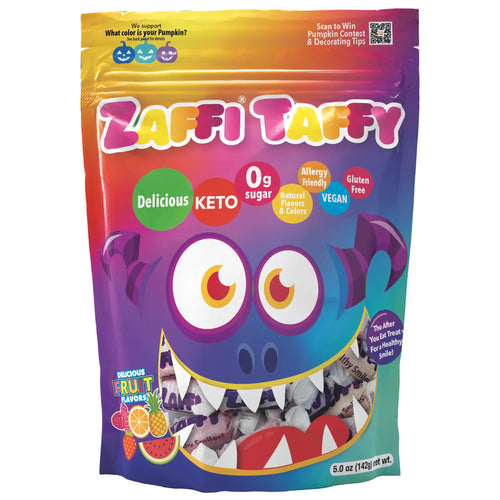 Halloween Zaffi Taffy 5oz pouch in Fruit Assortment of flavors.