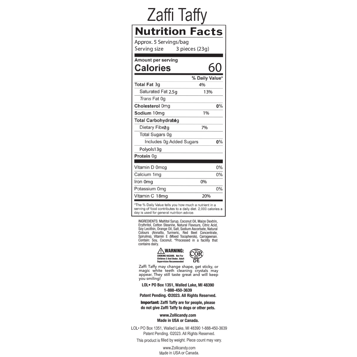 Zaffi Taffy nutritional information.