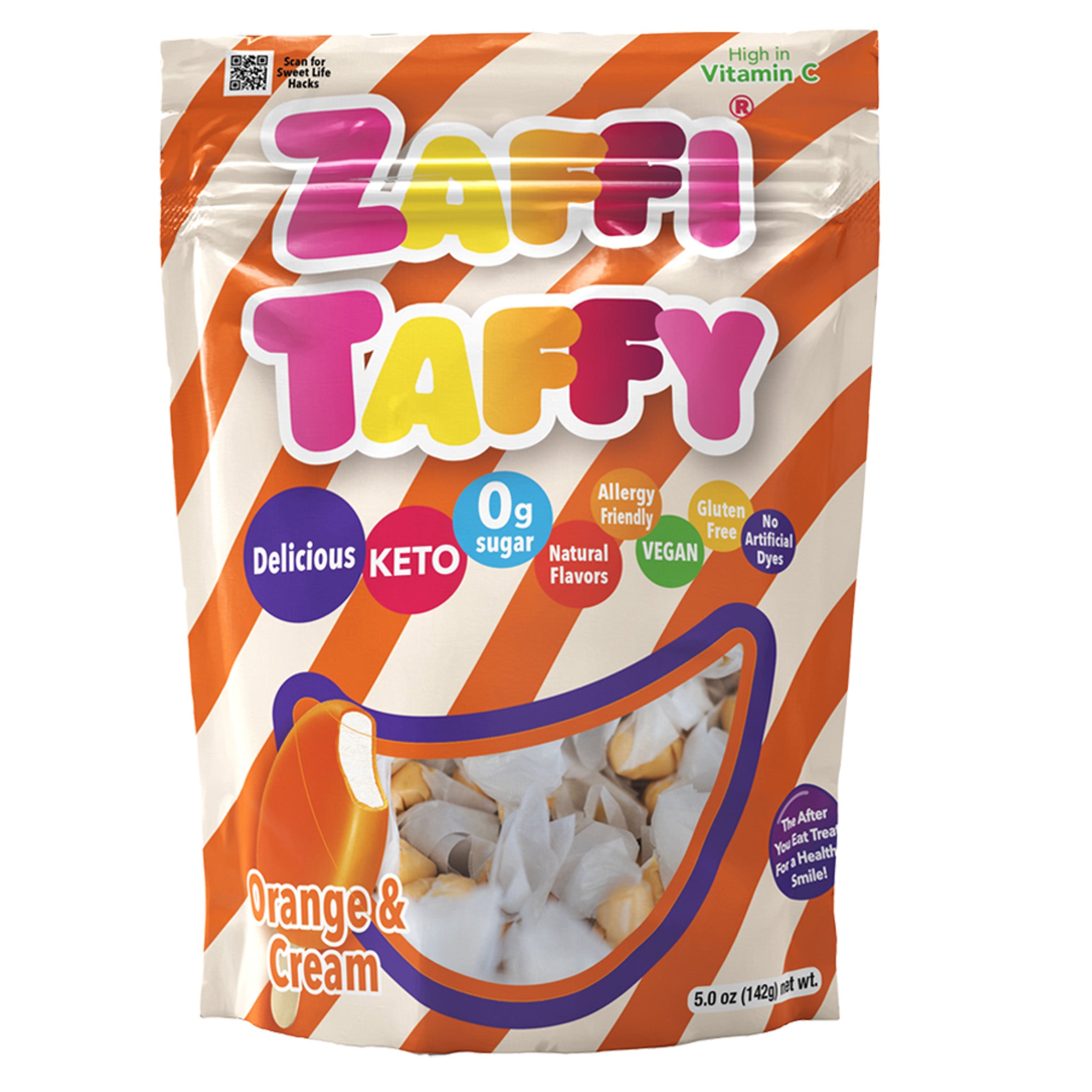 Zaffi Taffy 5oz bag in Orange & Cream flavor.