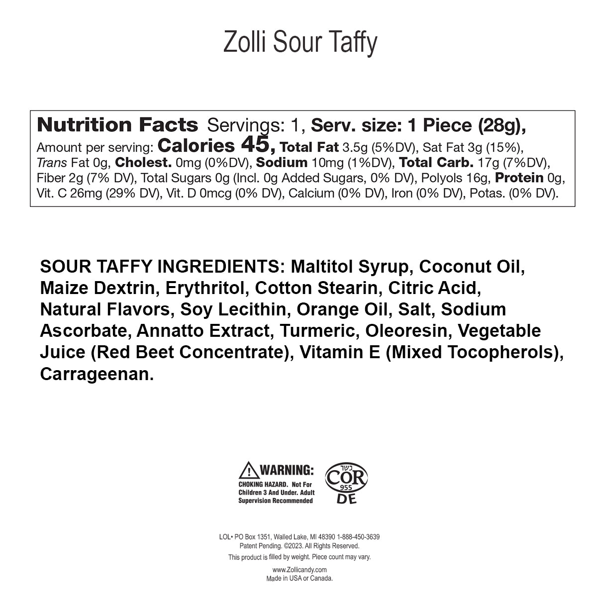 Nutrition facts and ingredients list for Zolli Sour Taffy on a white background