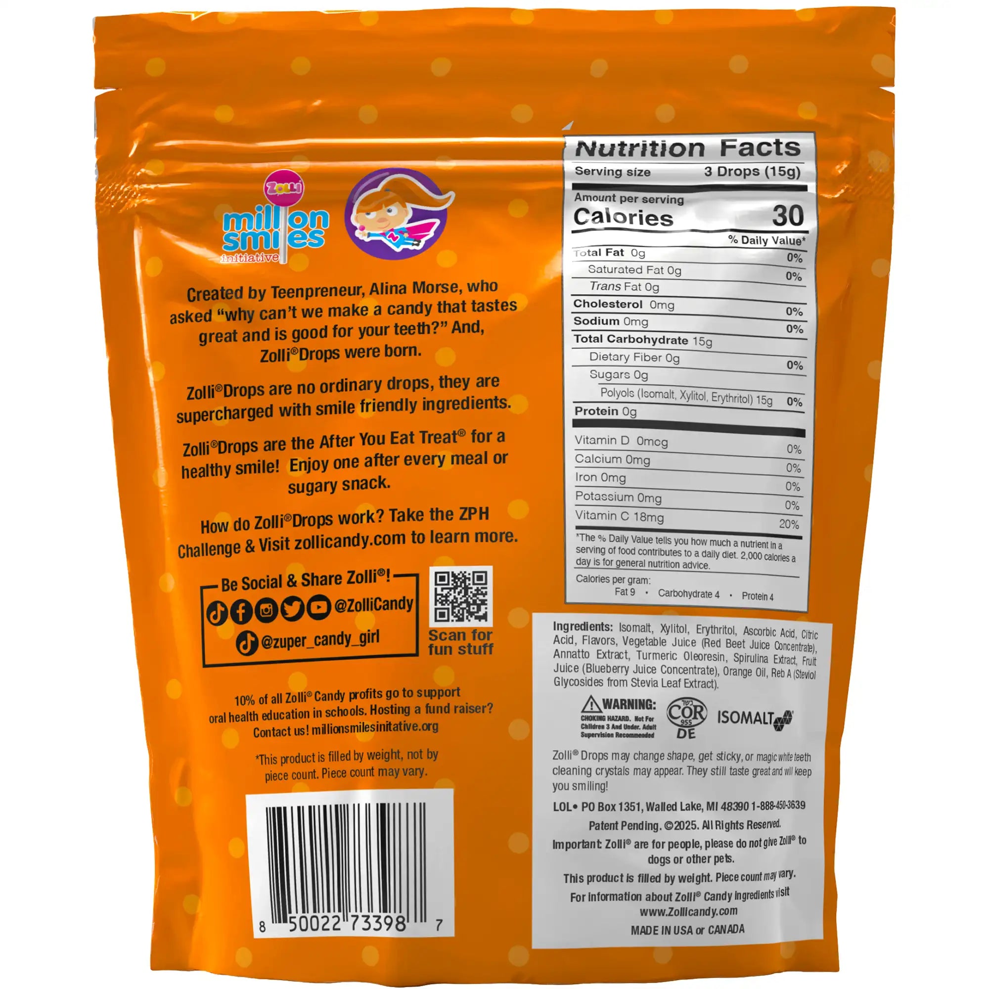 Back of an orange candy package with text and nutrition label on a white background
