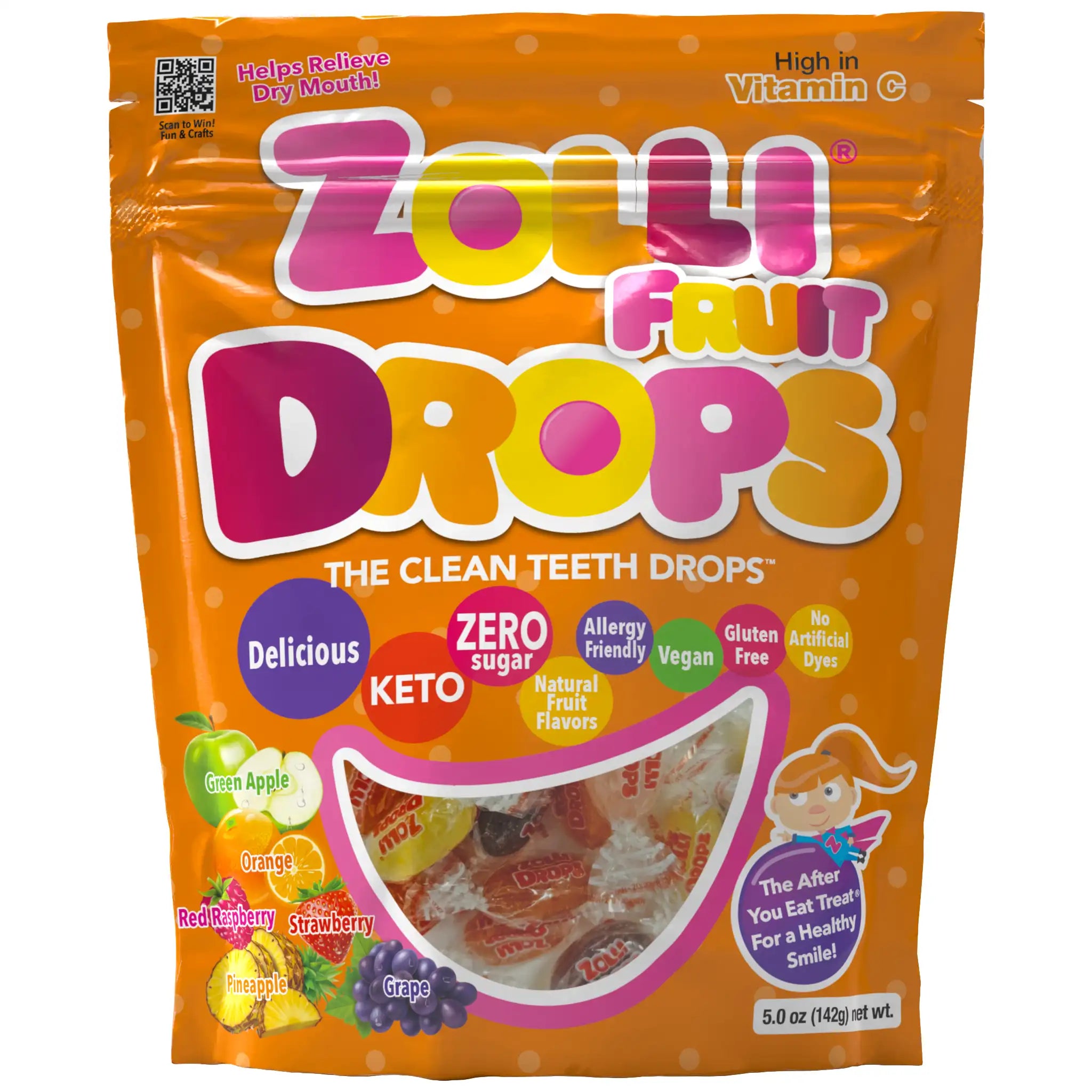 Zolli Fruit Drops packaging with colorful design and text on an orange background