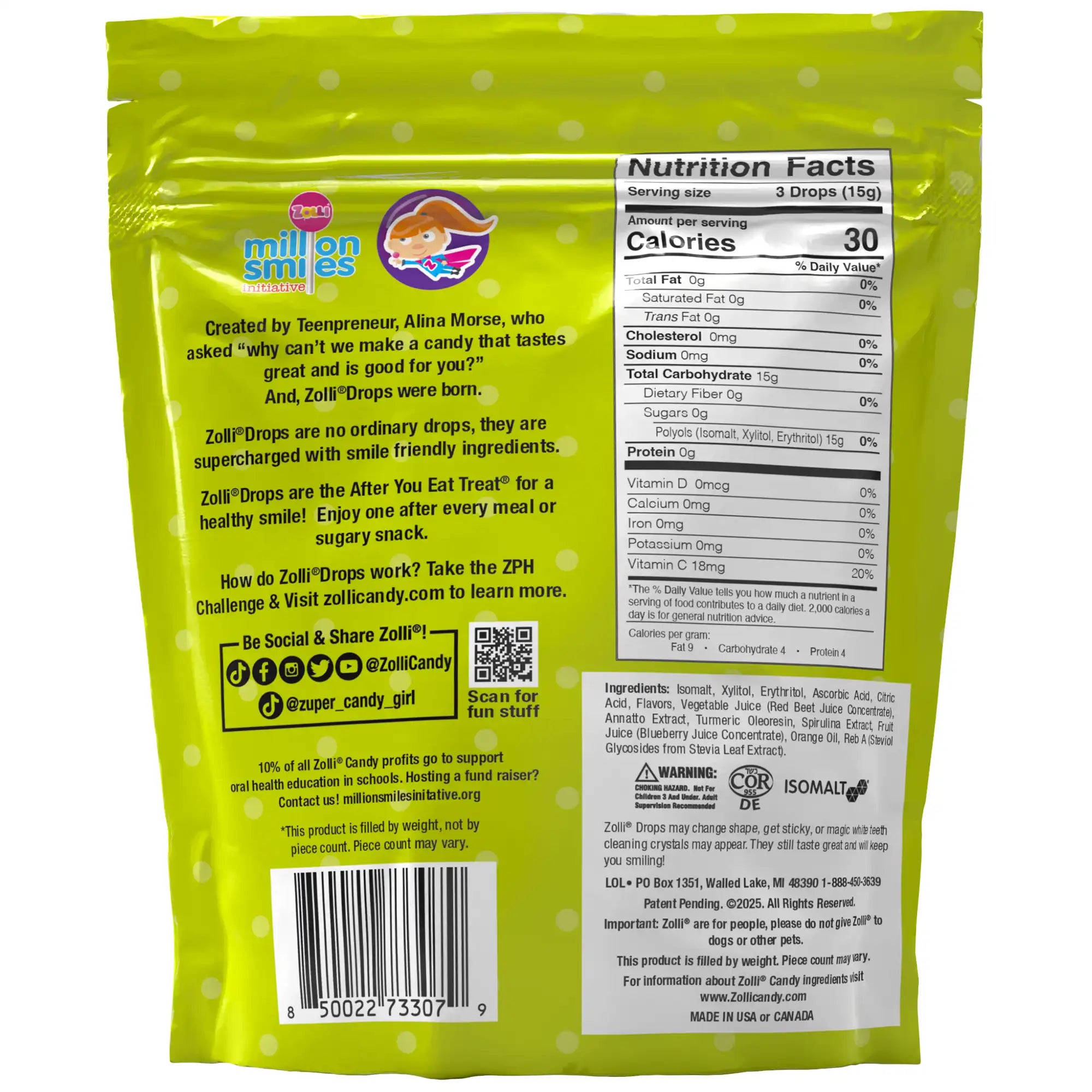 Back of a candy package with nutritional information and branding on a yellow background